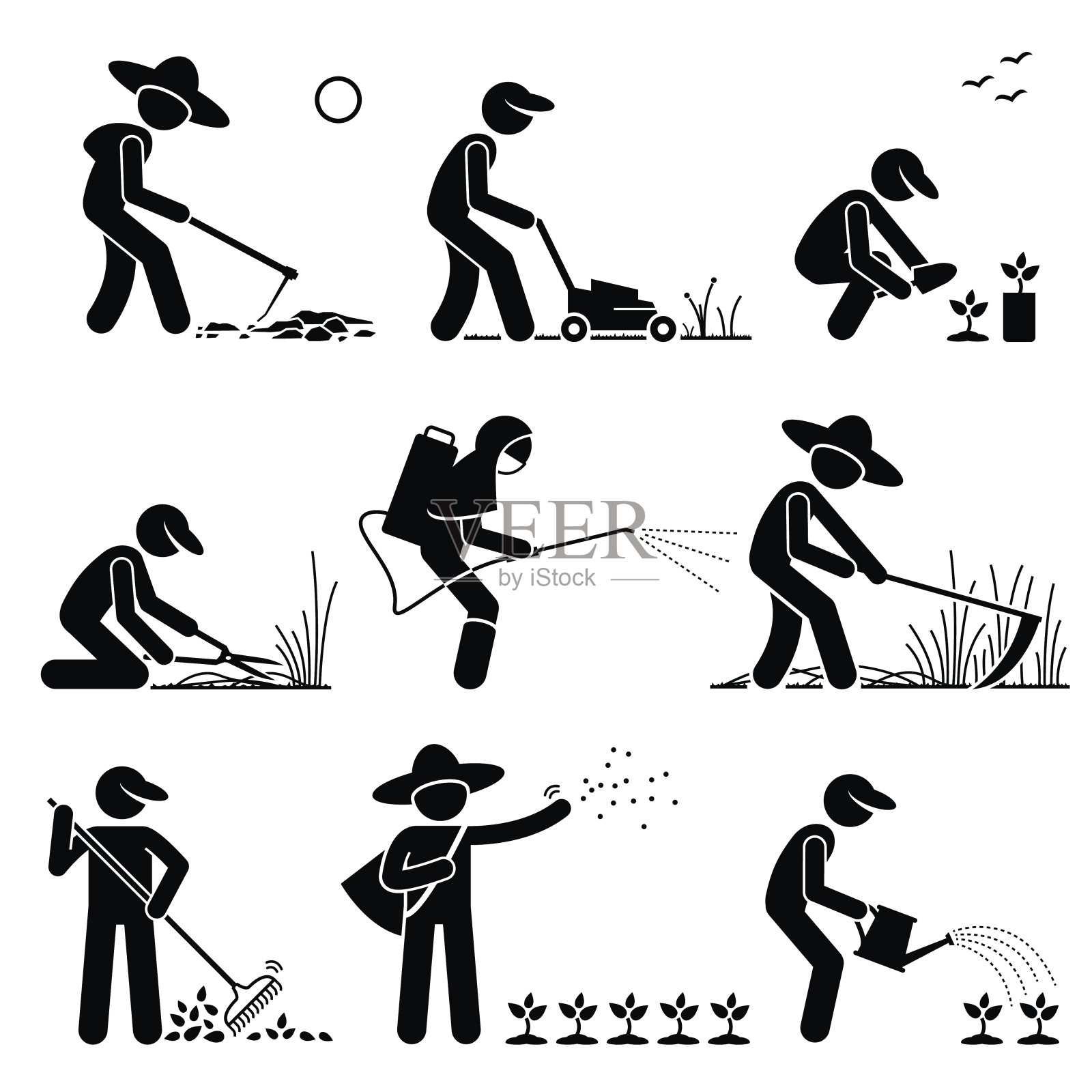 园丁和农民使用园艺工具和设备插画图片素材