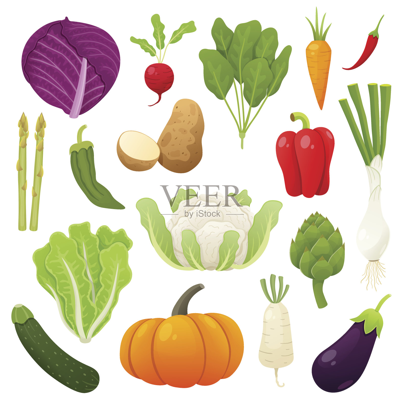可爱和美味的蔬菜收集。矢量插图。设计元素图片