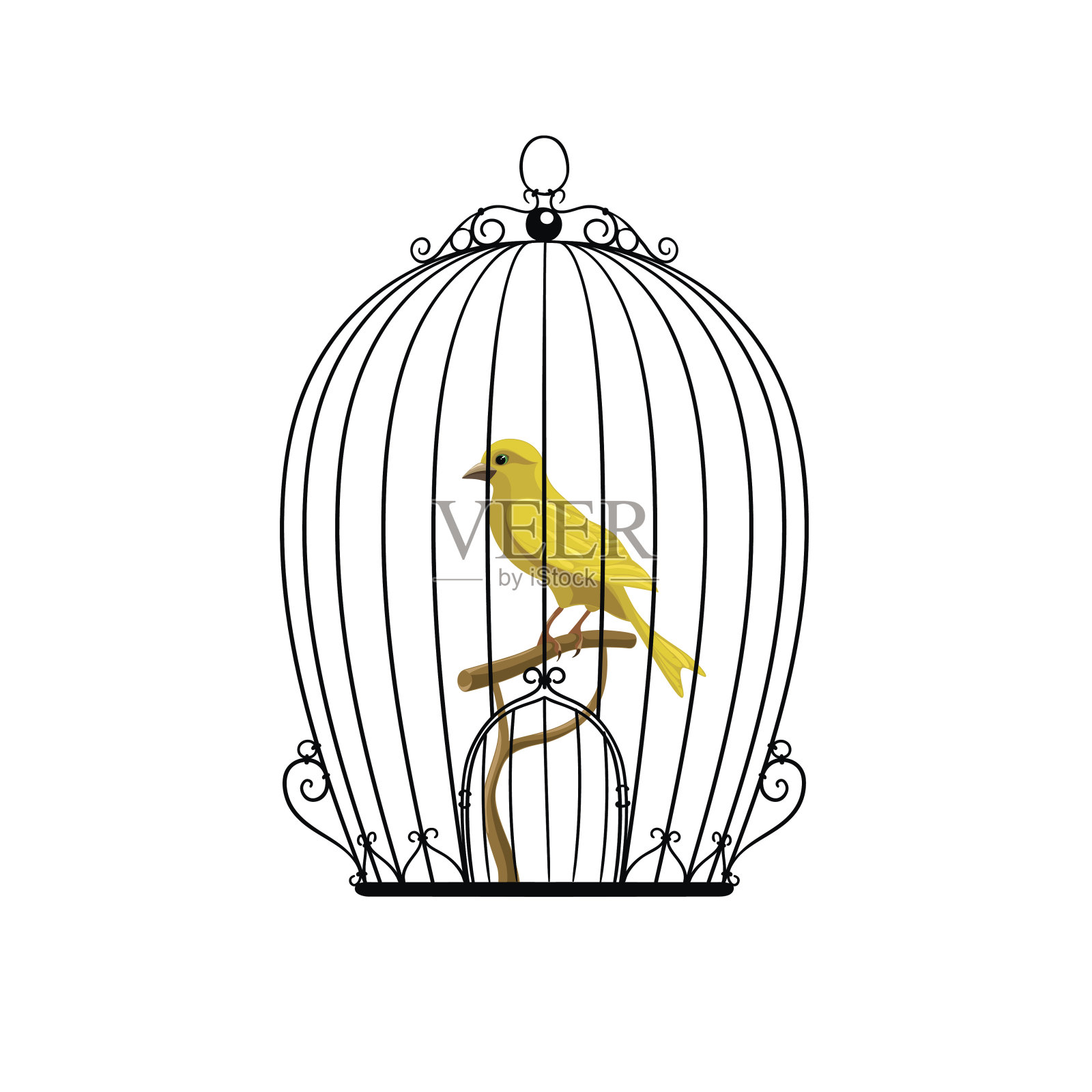 黄色的鸟在黑色的笼子里插画图片素材