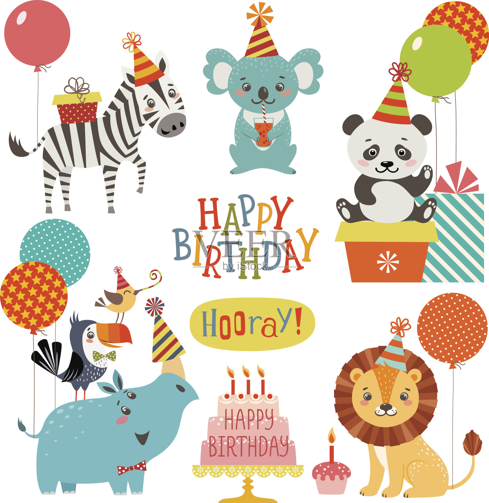 可爱动物的生日祝福插画图片素材