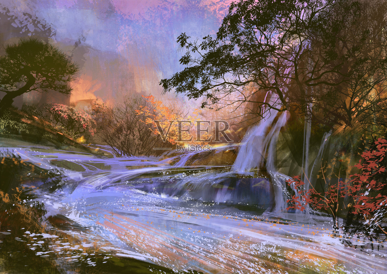 美丽的紫色的瀑布,插图插画图片素材
