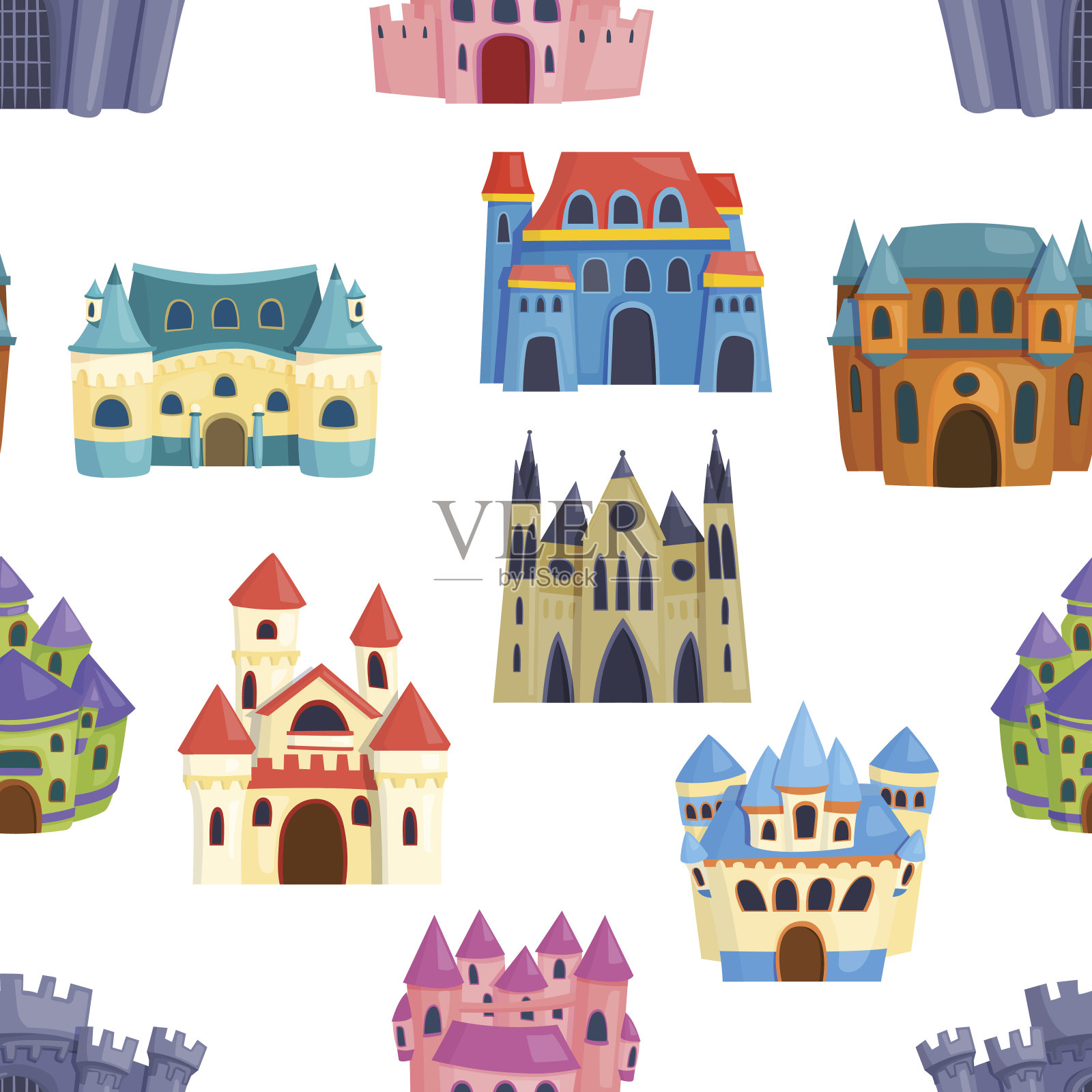 城堡无缝模式向量。插画图片素材