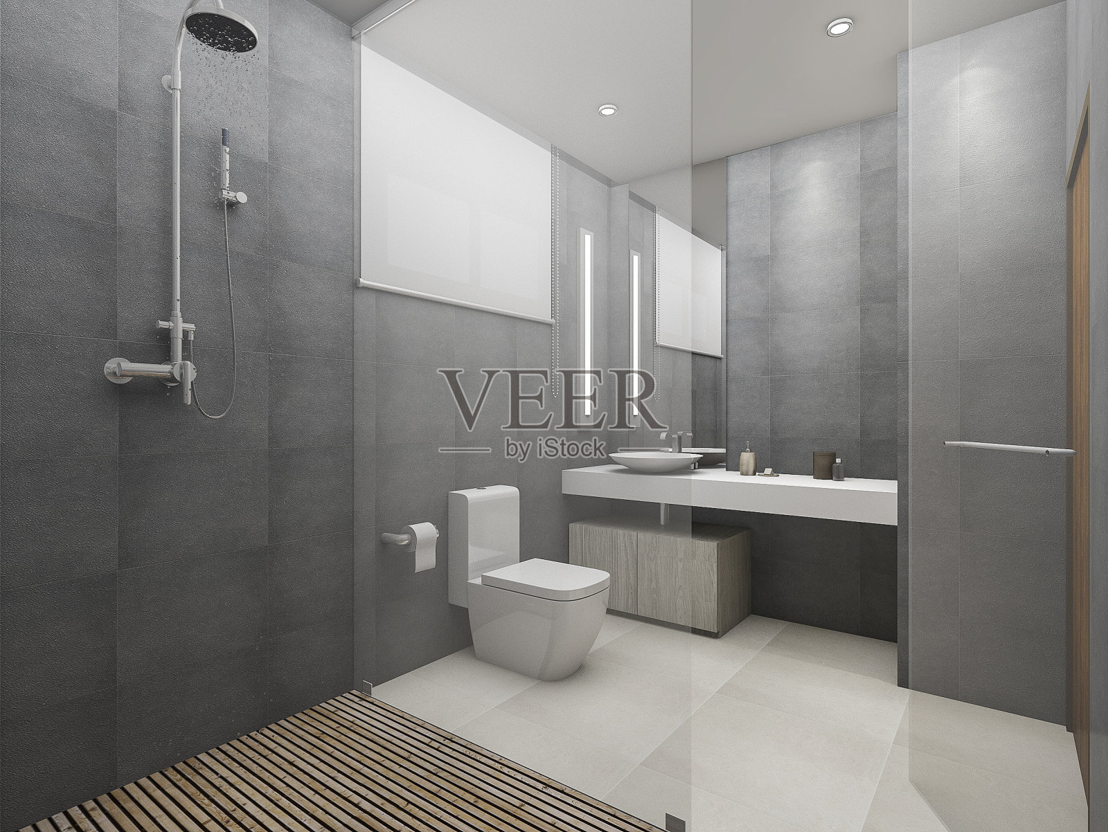 3d渲染现代阁楼厕所和淋浴与木地板照片摄影图片