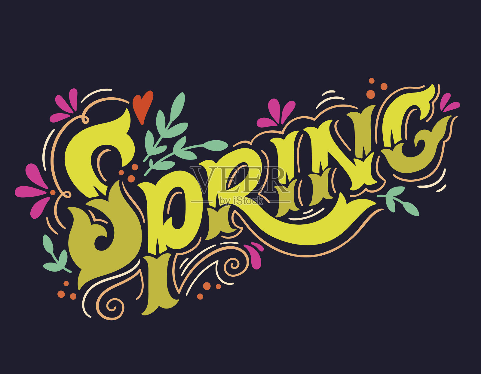 春天。手绘复古字母与花卉装饰elem插画图片素材