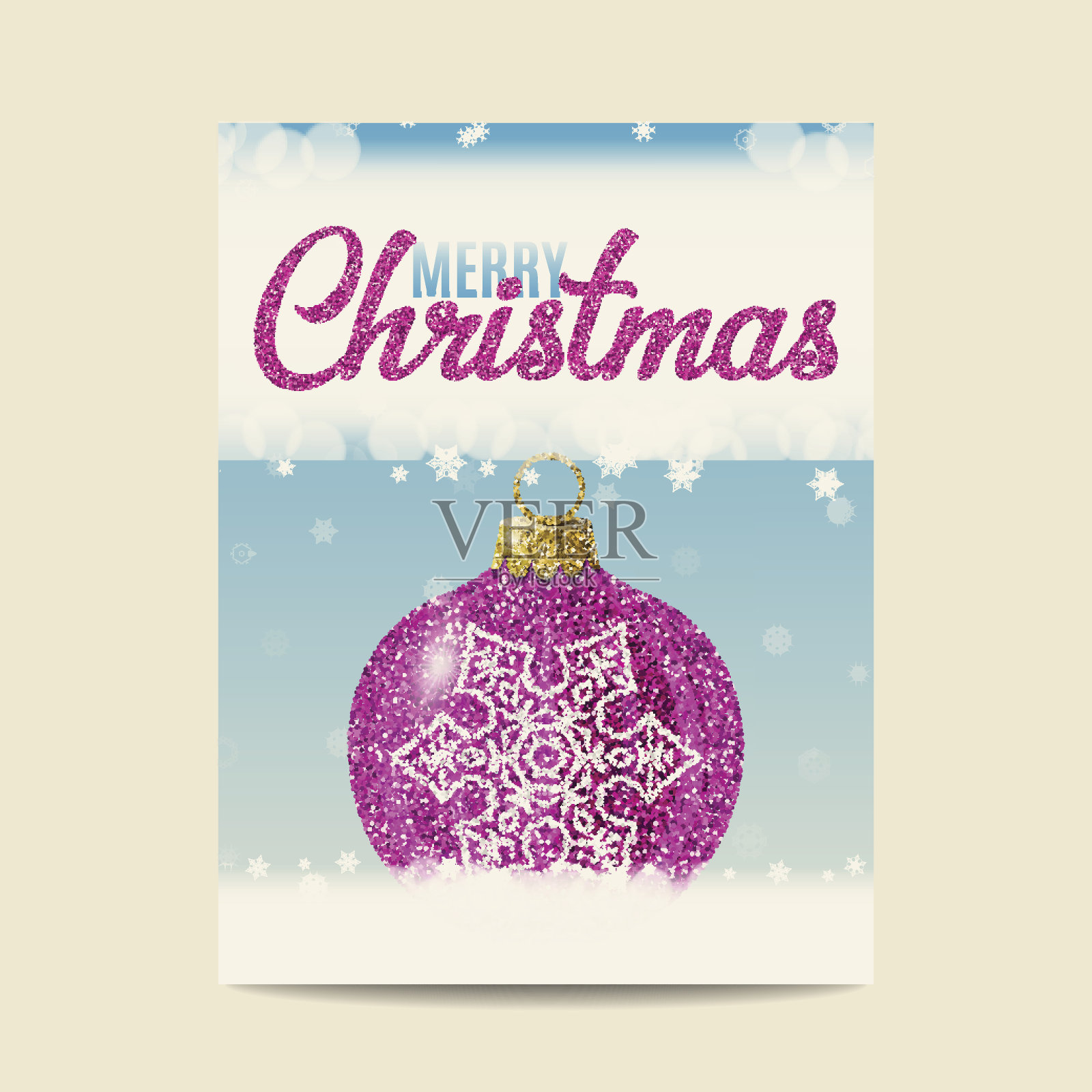 圣诞快乐，紫色的圣诞球，银色的雪花设计模板素材