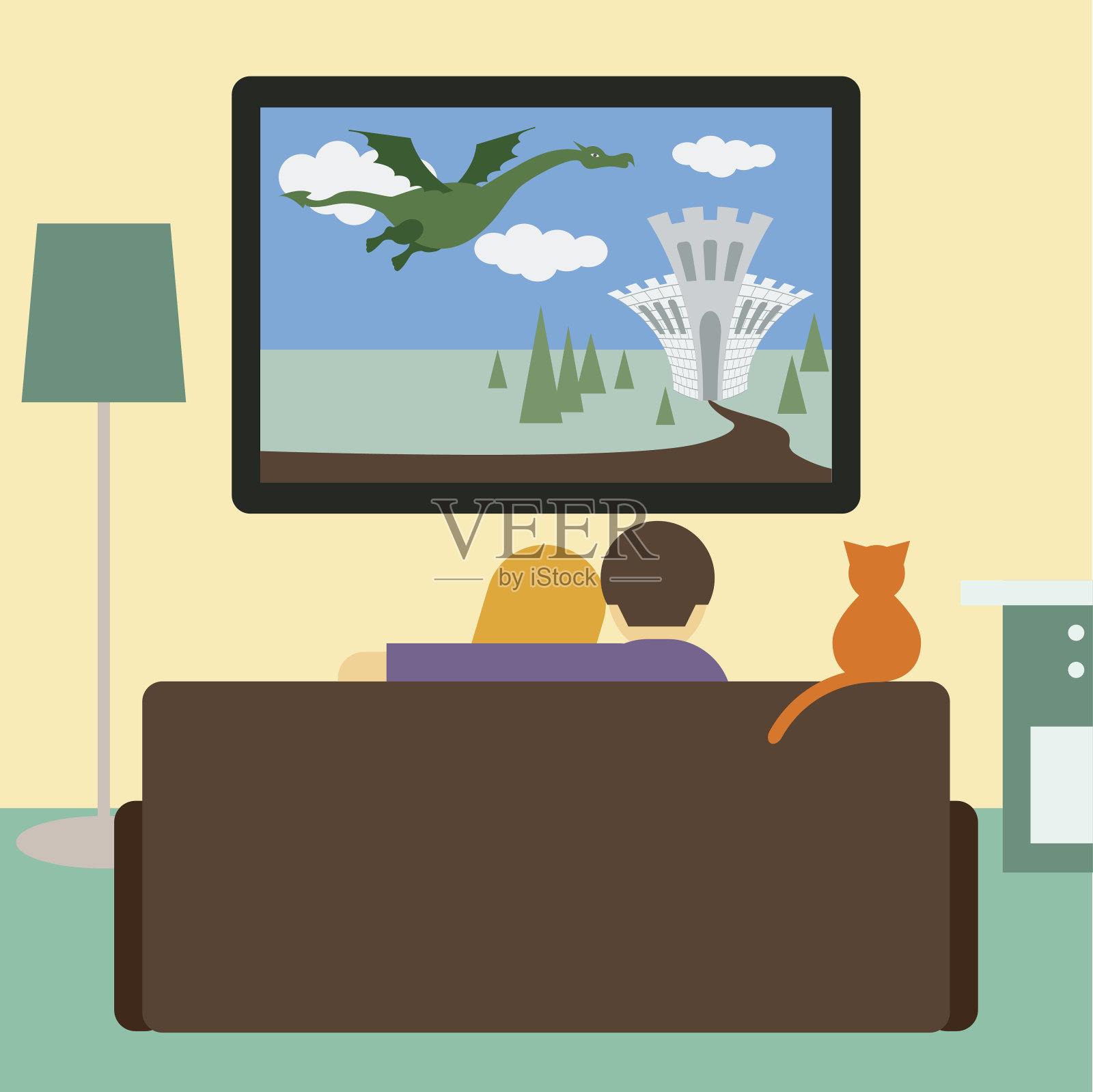 一对夫妇和一只猫在看电视上的冒险电影插画图片素材