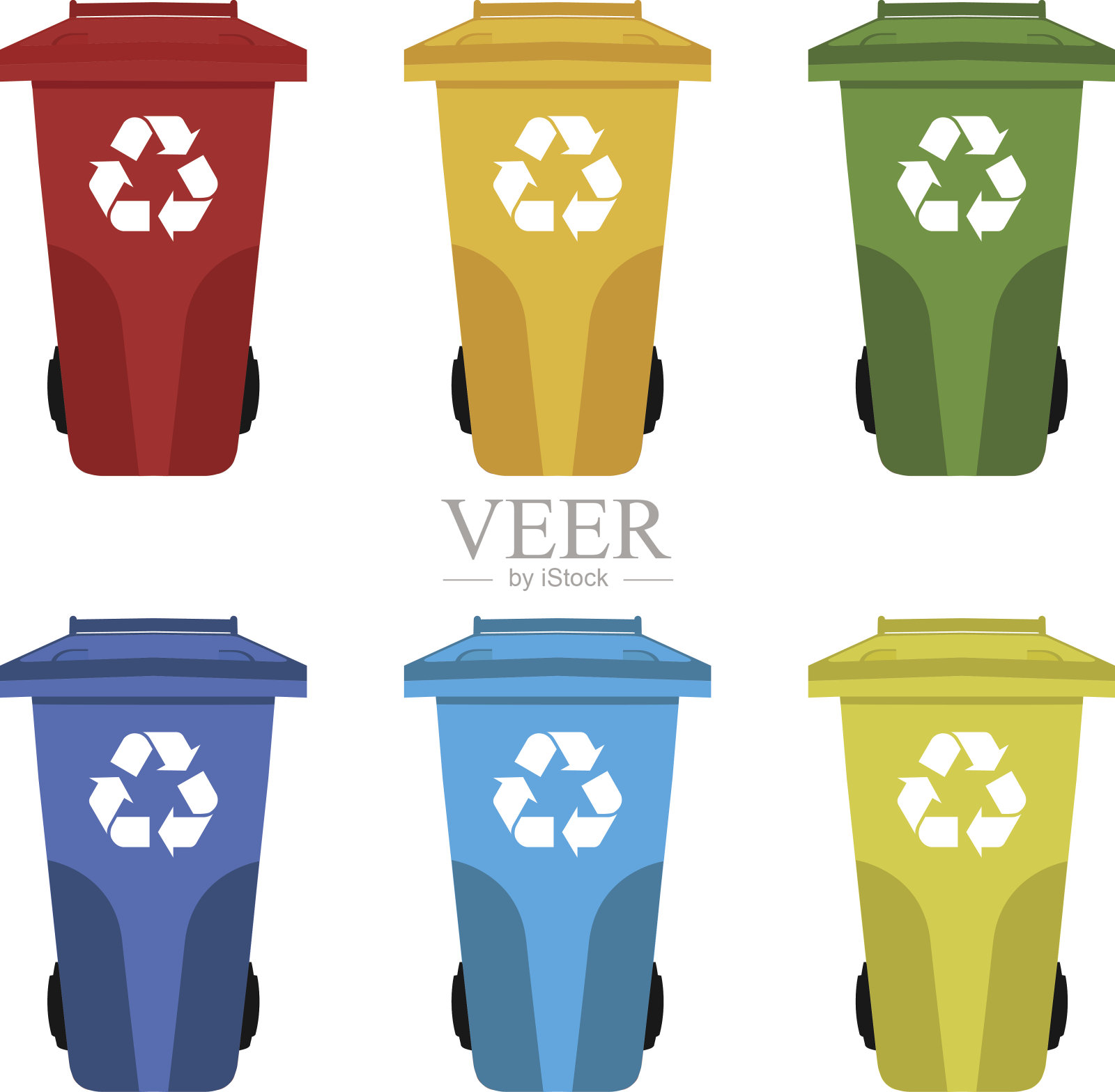 不同颜色的回收垃圾桶矢量图。装有垃圾的彩色垃圾桶。设计元素图片