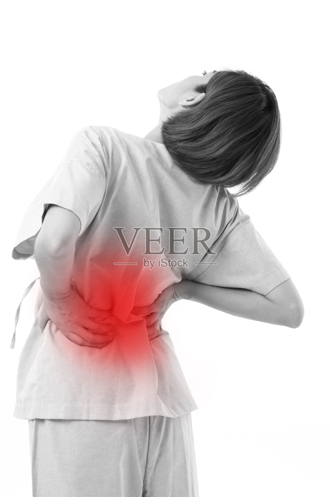 患有背部疼痛、脊柱或脊柱肌肉损伤的女性照片摄影图片