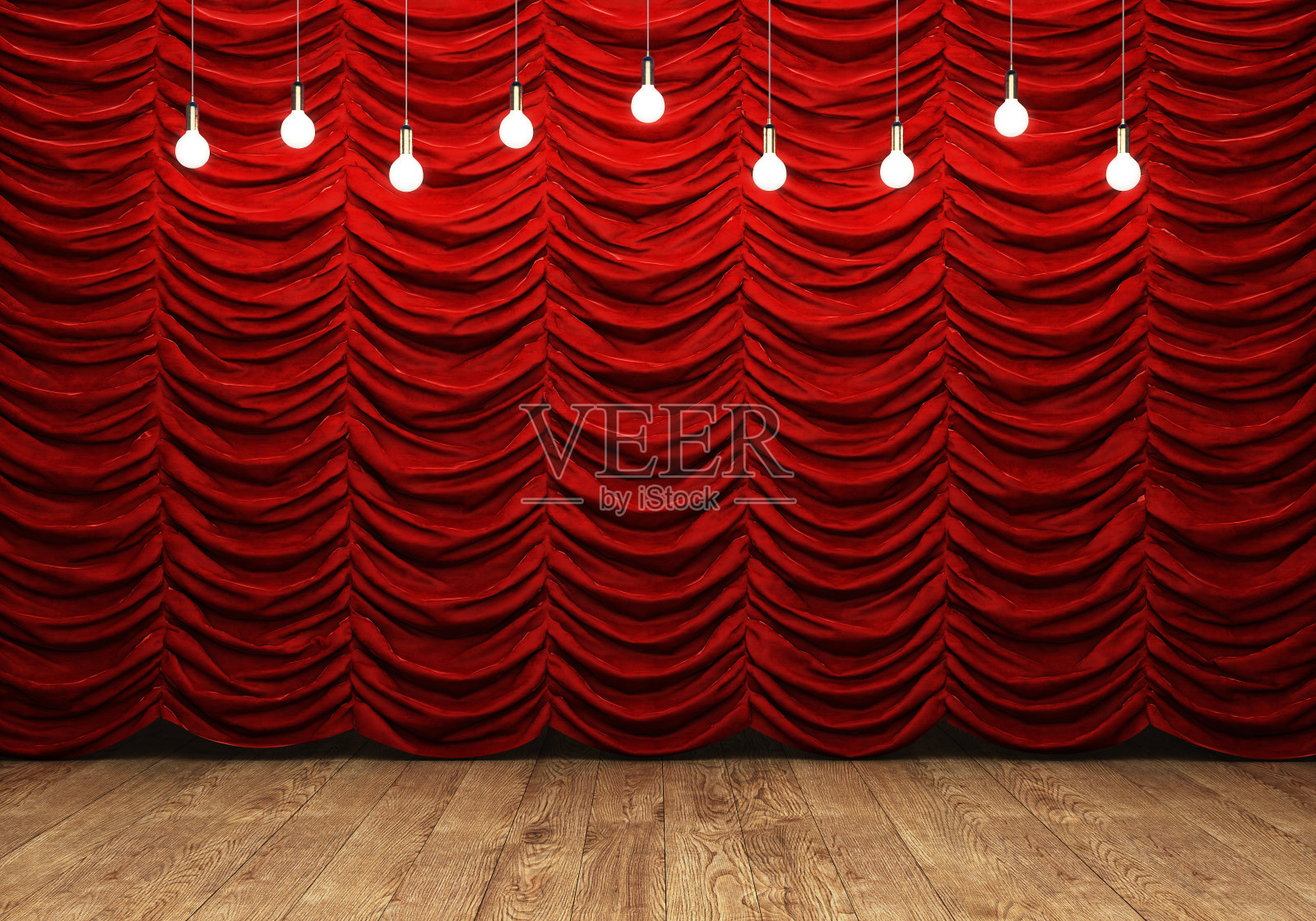 红色的窗帘，木制的地板，还有复古的灯泡照片摄影图片