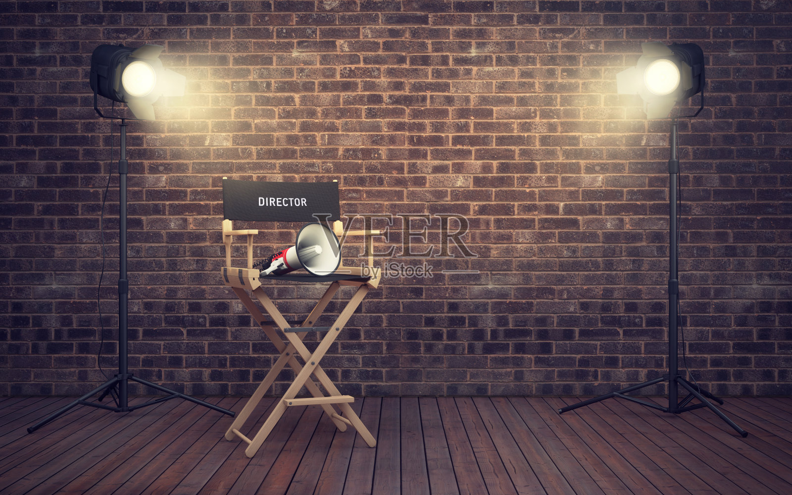 电影导演的椅子，配有扩音器和聚光灯。3 d renderin照片摄影图片