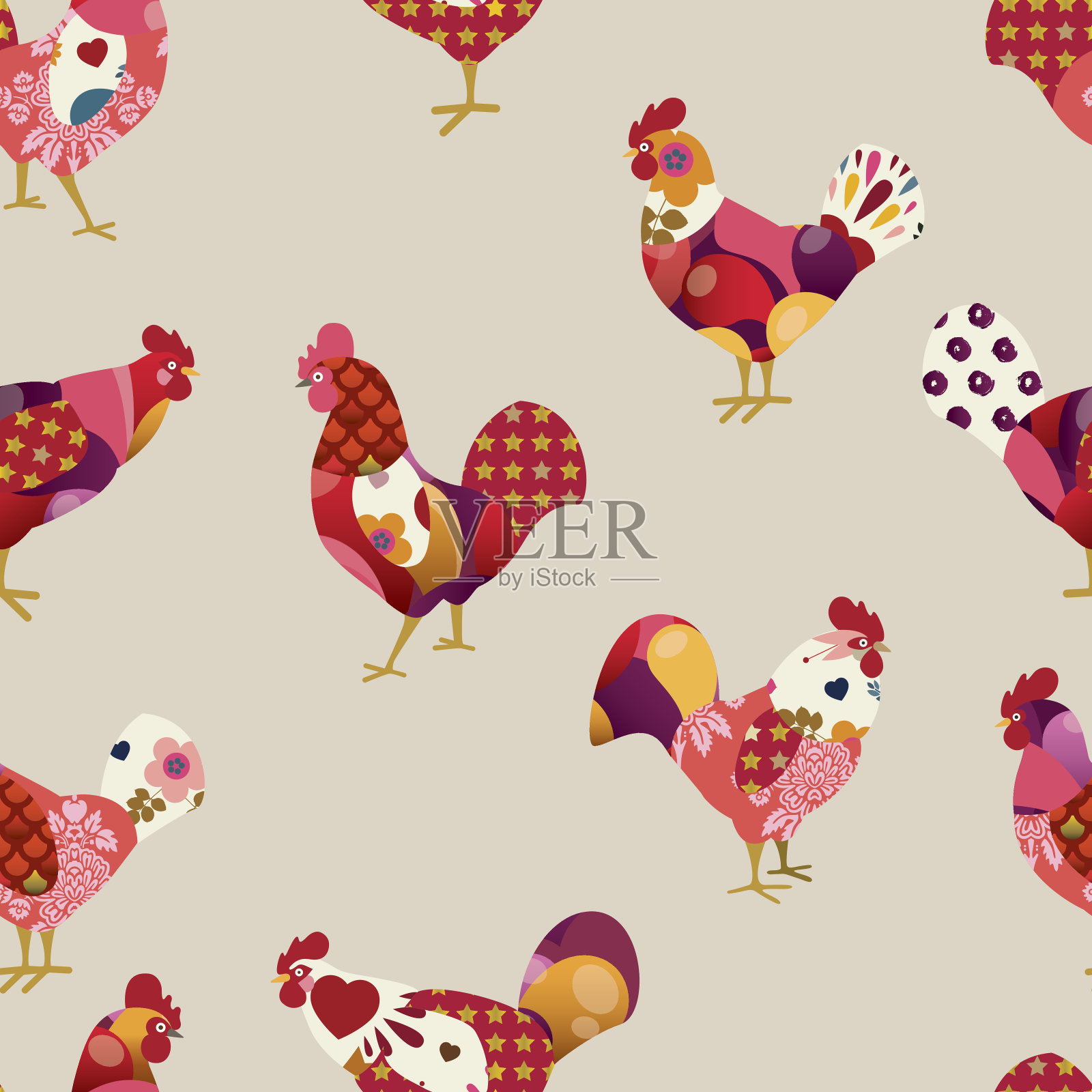 无缝图案的彩色公鸡。插画图片素材