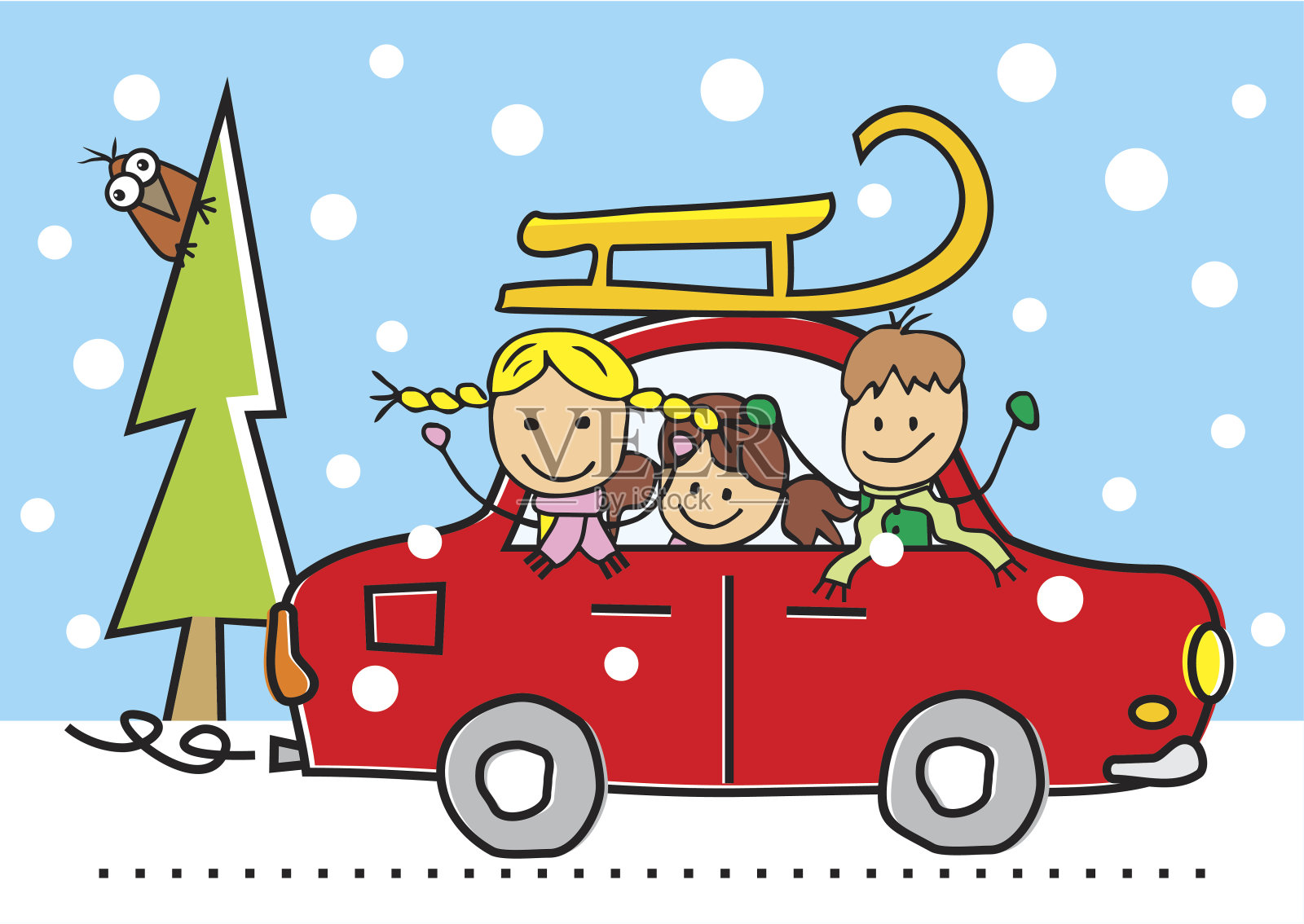 汽车，孩子和雪橇插画图片素材