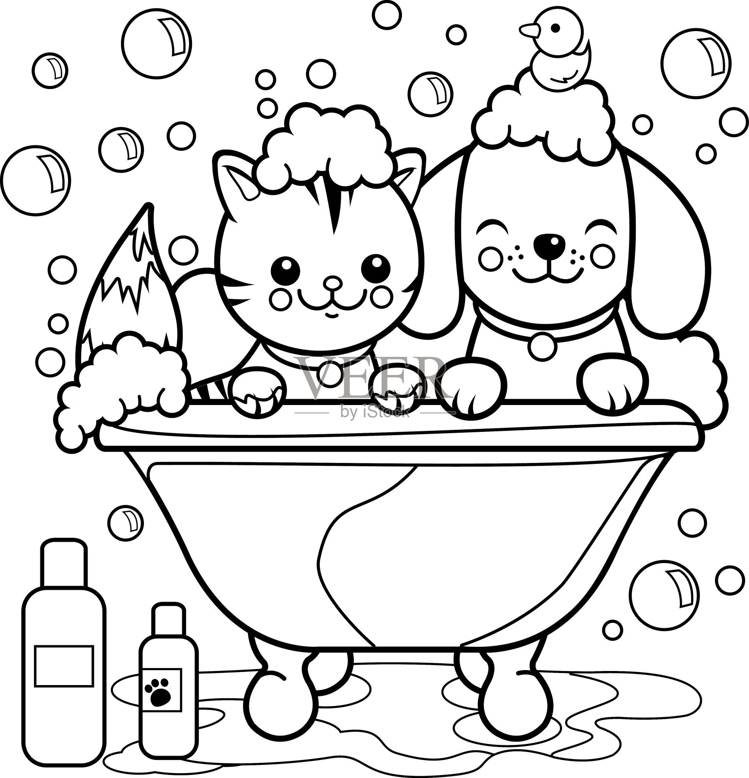狗和猫在洗澡涂色页。插画图片素材