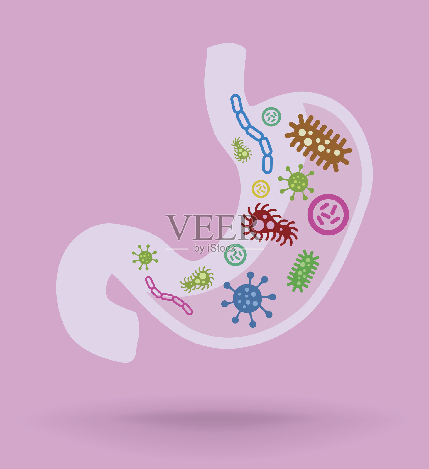 胃矢量图标含有病毒和细菌，营养概念插画图片素材