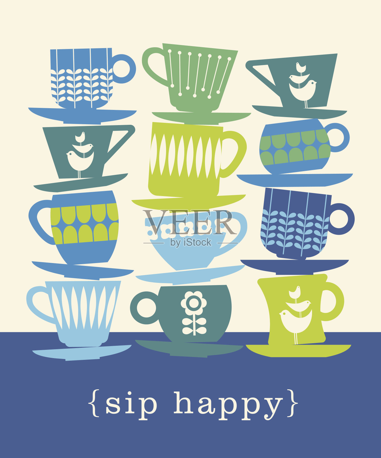五颜六色的复古插图的茶杯。sip快乐。插画图片素材