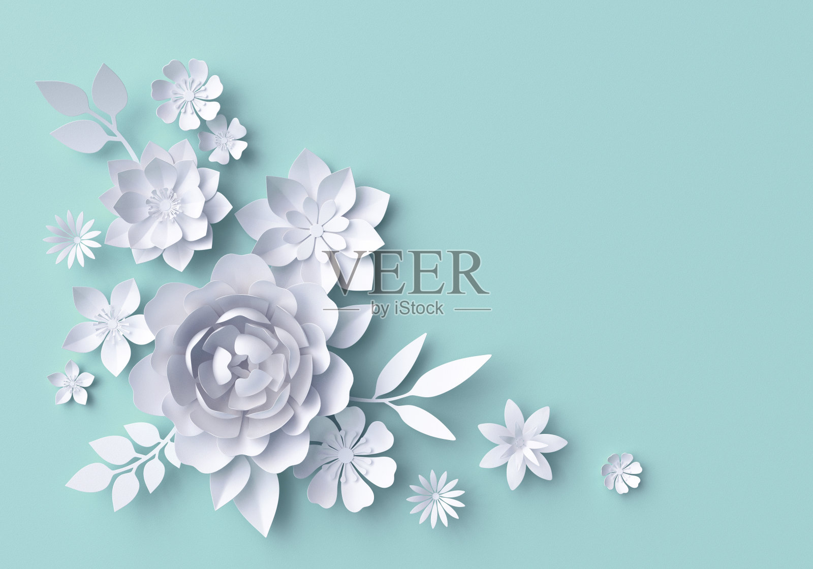 3d插图，白色纸花，粉彩装饰花卉背景，绿松石插画图片素材