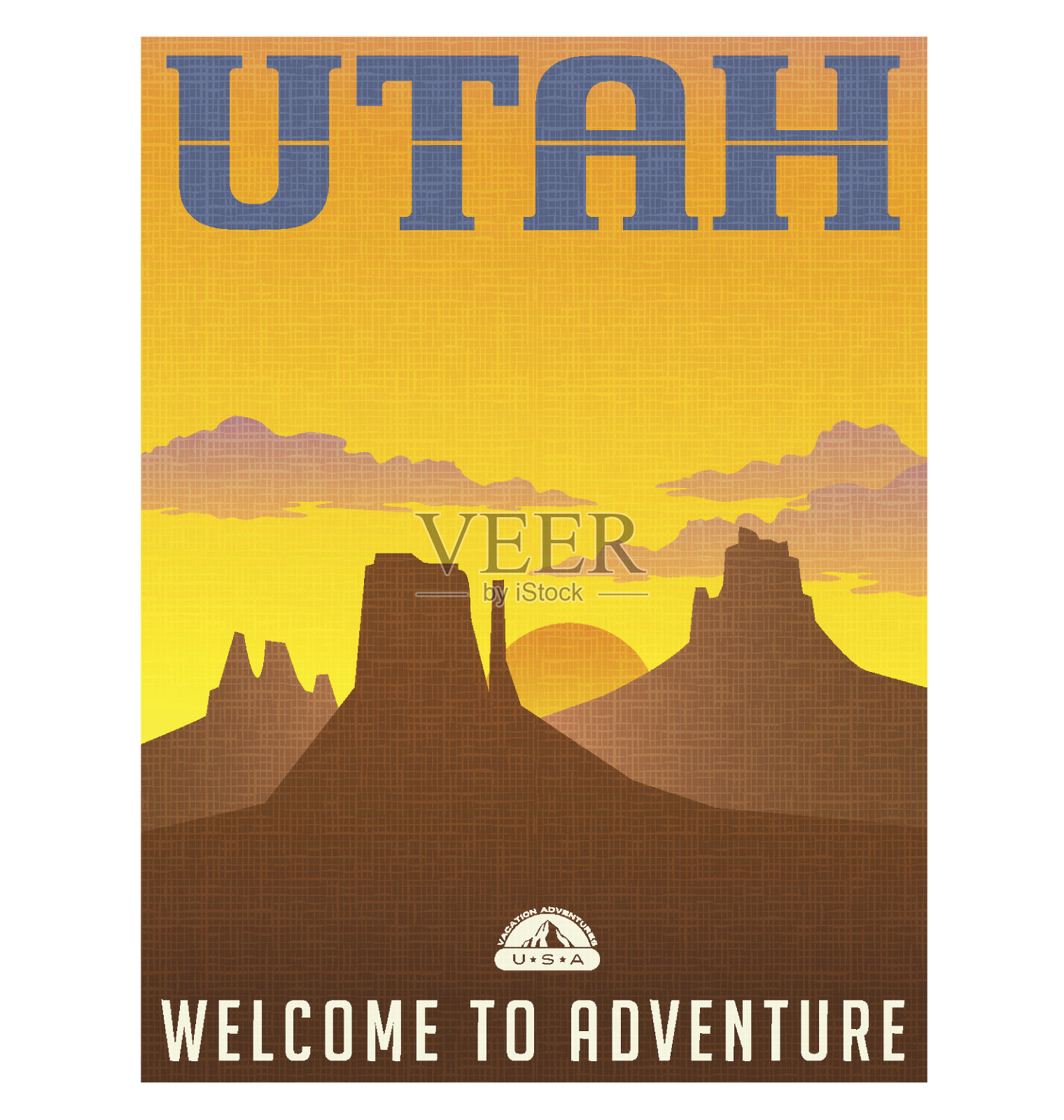 犹他州旅游海报或贴纸。日落时的纪念碑谷矢量图。插画图片素材