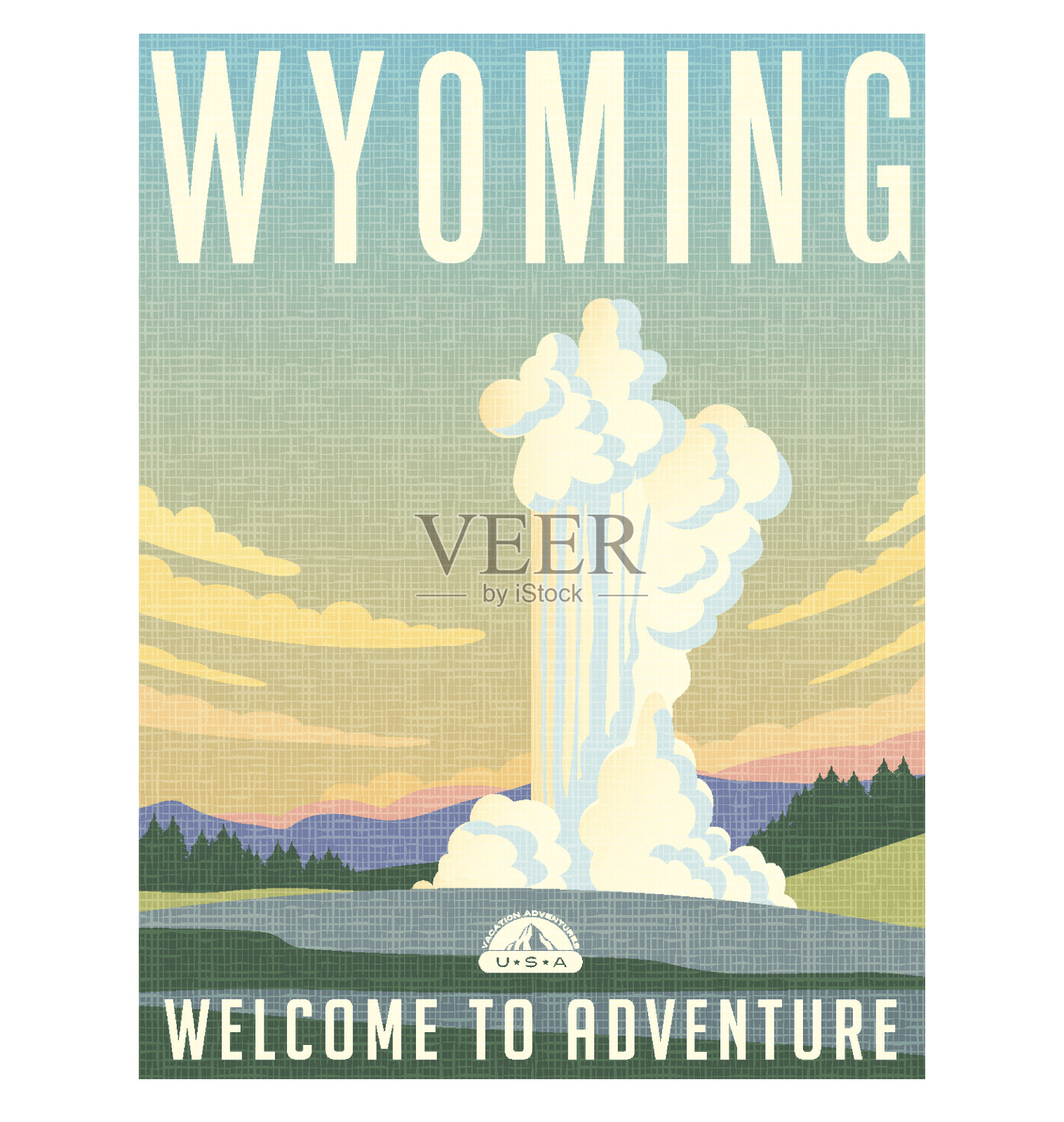 怀俄明州旅游海报或贴纸。水和蒸汽从间歇泉喷发的矢量图。设计模板素材