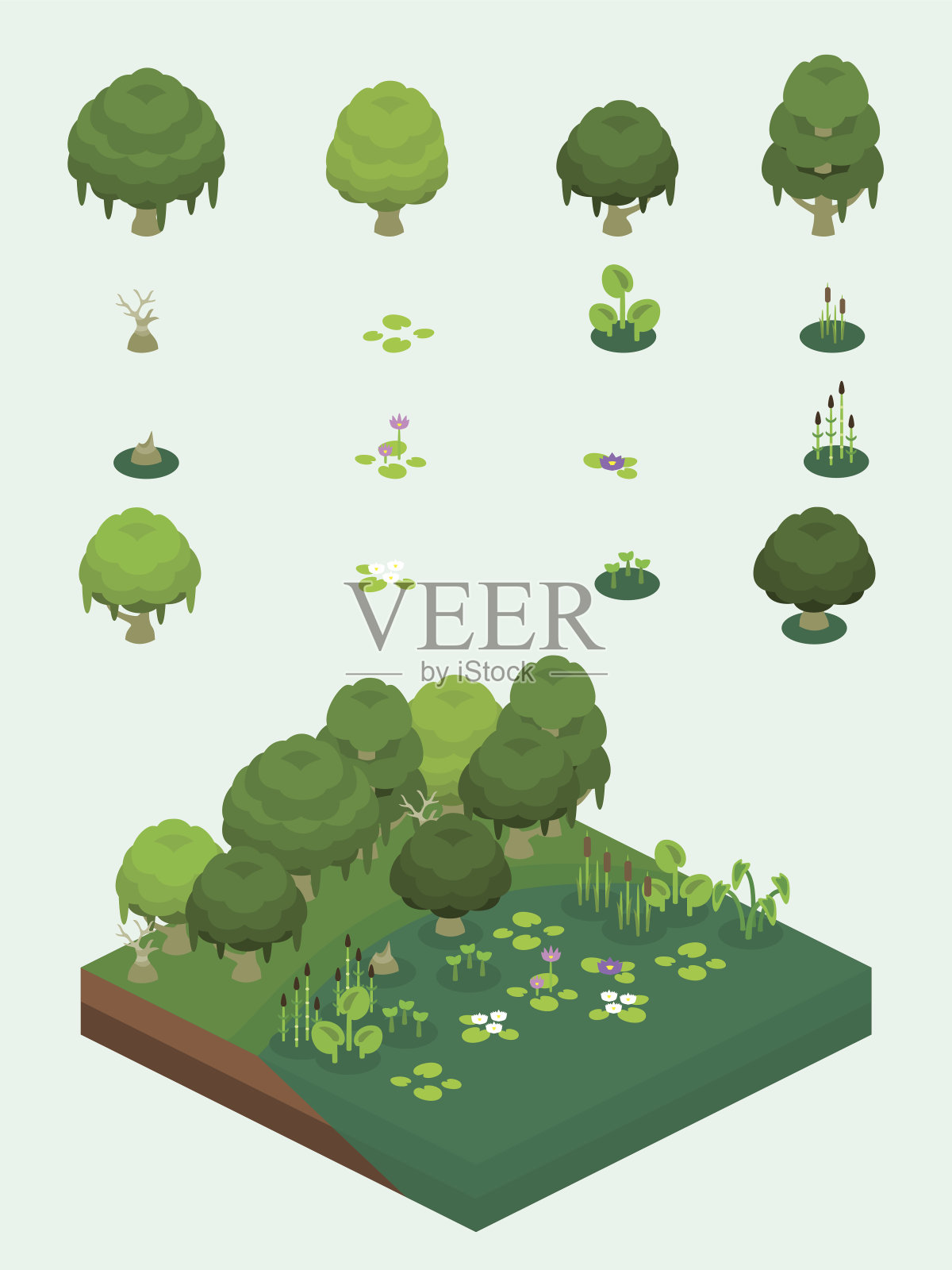 电子游戏类型的等距沼泽植物设置设计元素图片