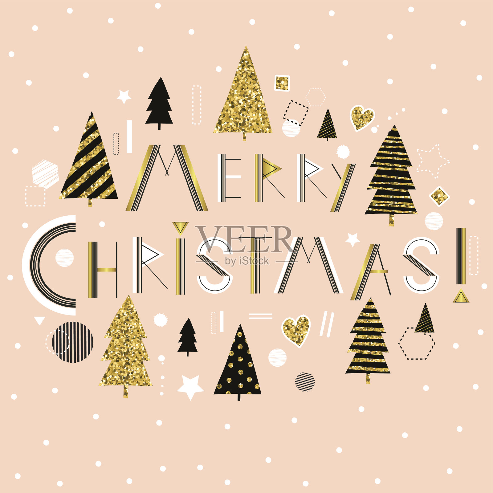 圣诞快乐。可爱的矢量插图与金色的圣诞树和字母。插画图片素材