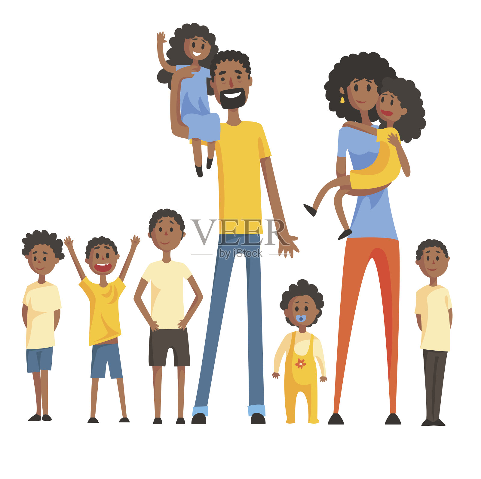 快乐的黑人家庭与许多孩子肖像插画图片素材