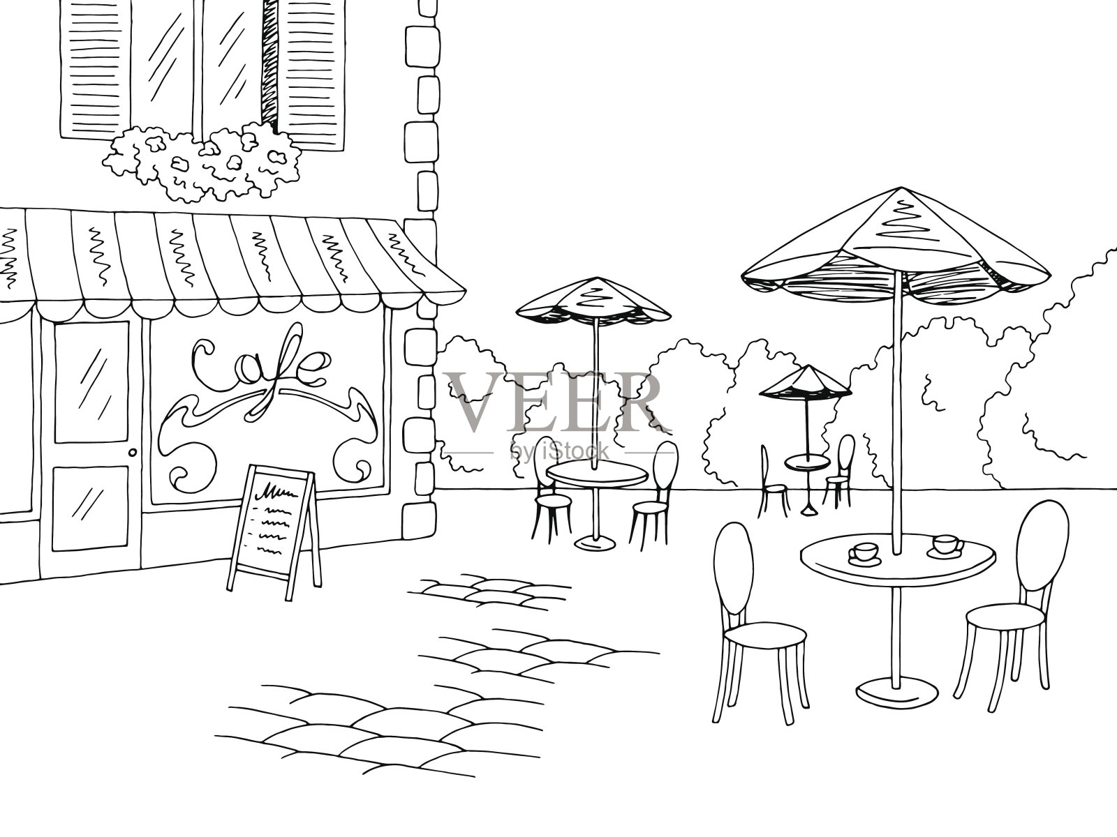 街道咖啡馆图形黑白素描插图矢量插画图片素材