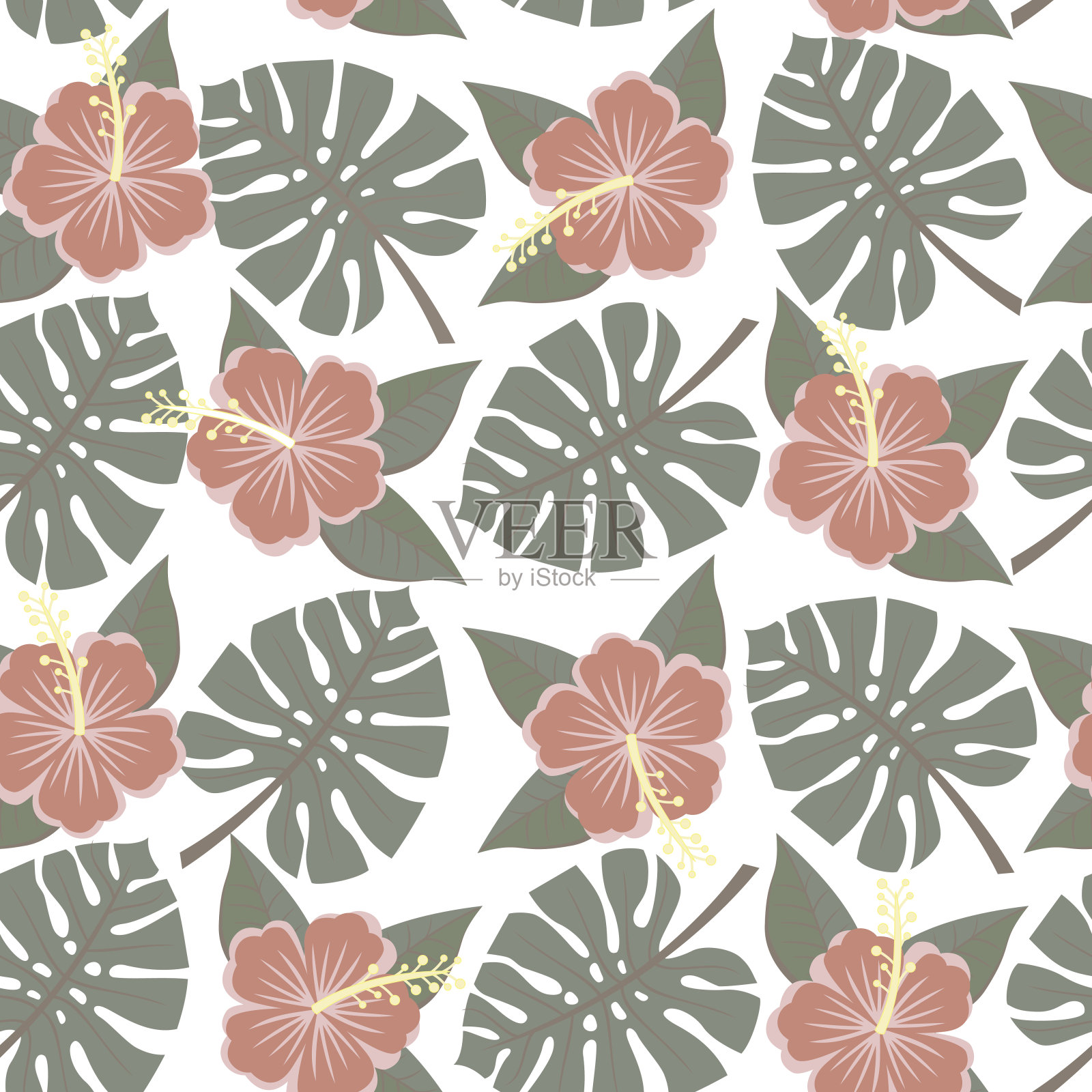 无缝的热带叶和花-龙葵和木槿插画图片素材