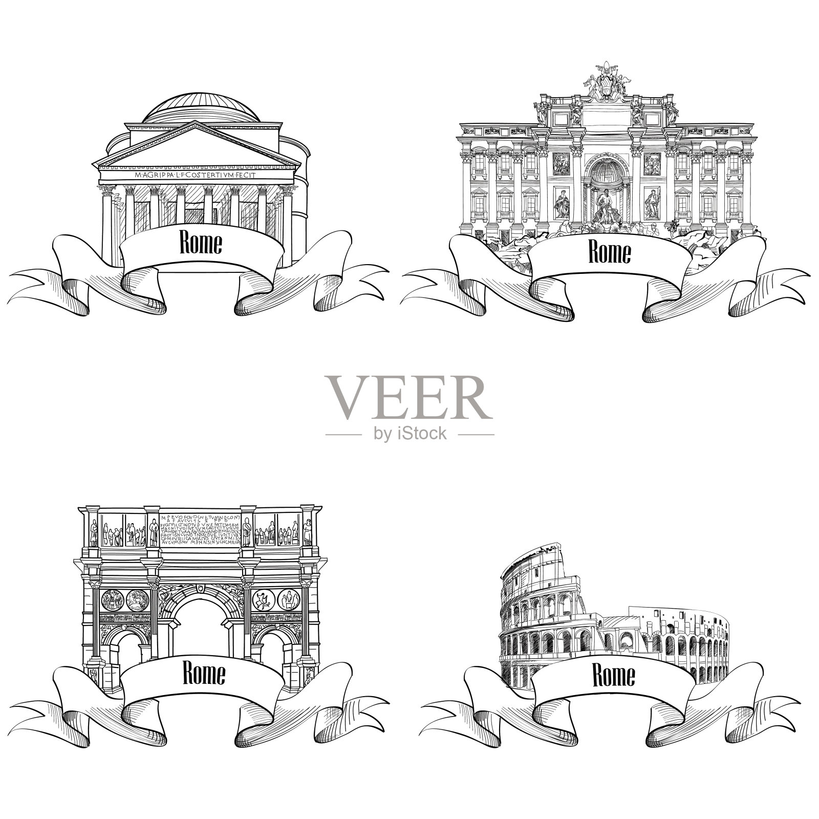 罗马城市地标标志集。名楼素描集。插画图片素材
