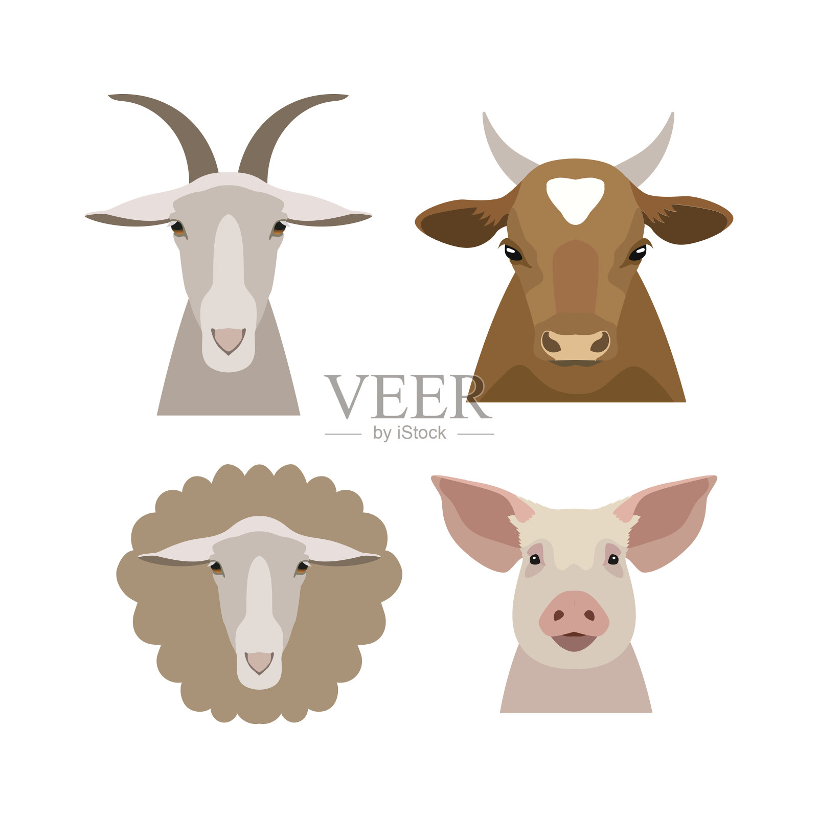 矢量家畜，农场动物头收集在平坦，卡通风格插画图片素材