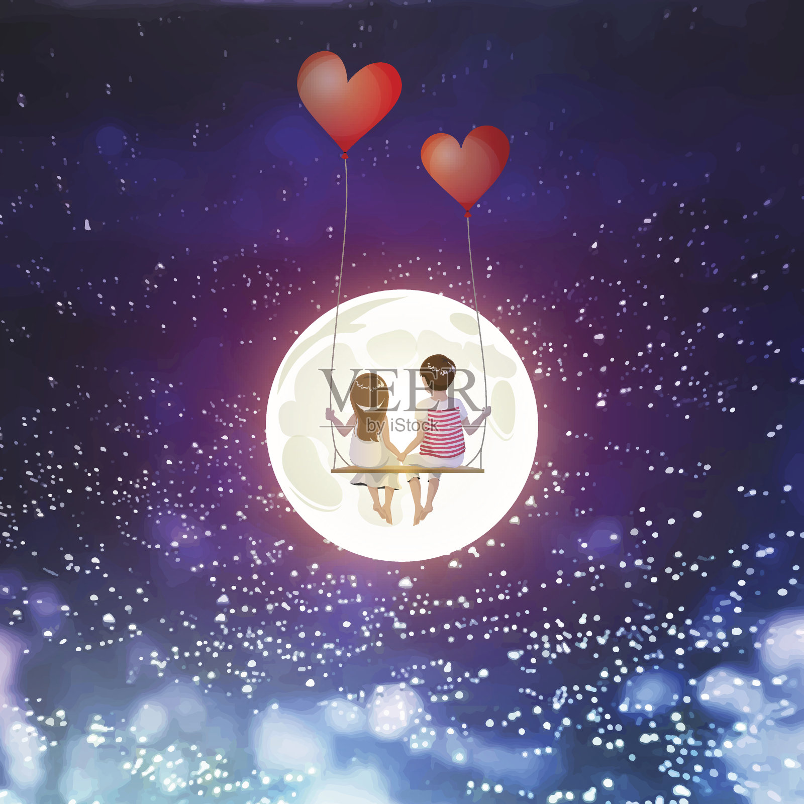 卡通情侣在心形气球上摇摆，月亮，星空插画图片素材