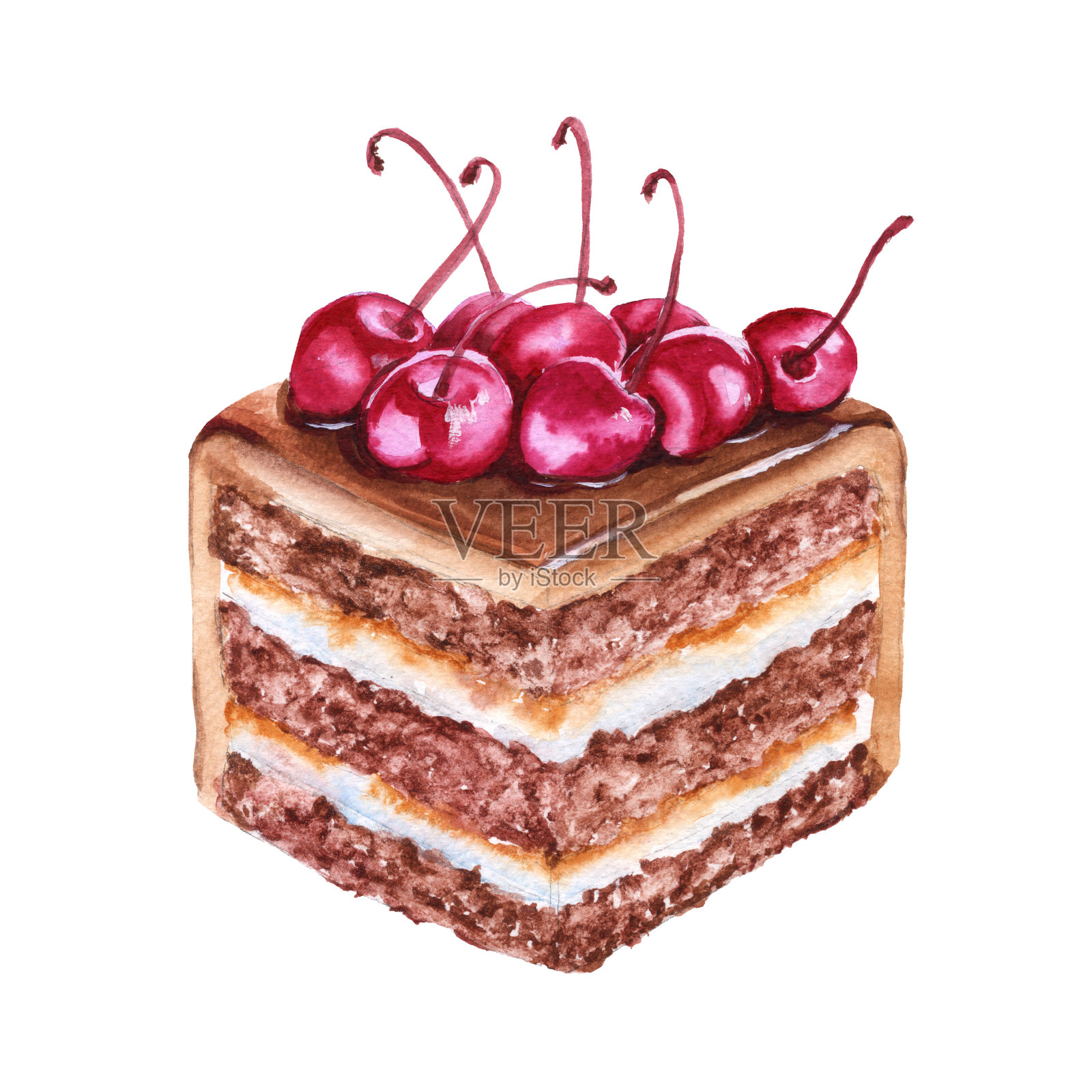 一块樱桃巧克力蛋糕。孤立在白色背景上。插画图片素材