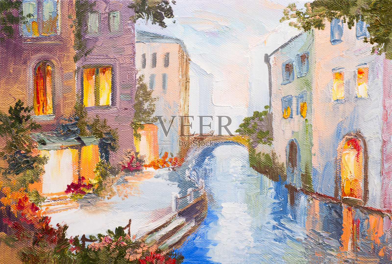 油画——意大利威尼斯运河，现代印象派，色彩丰富插画图片素材