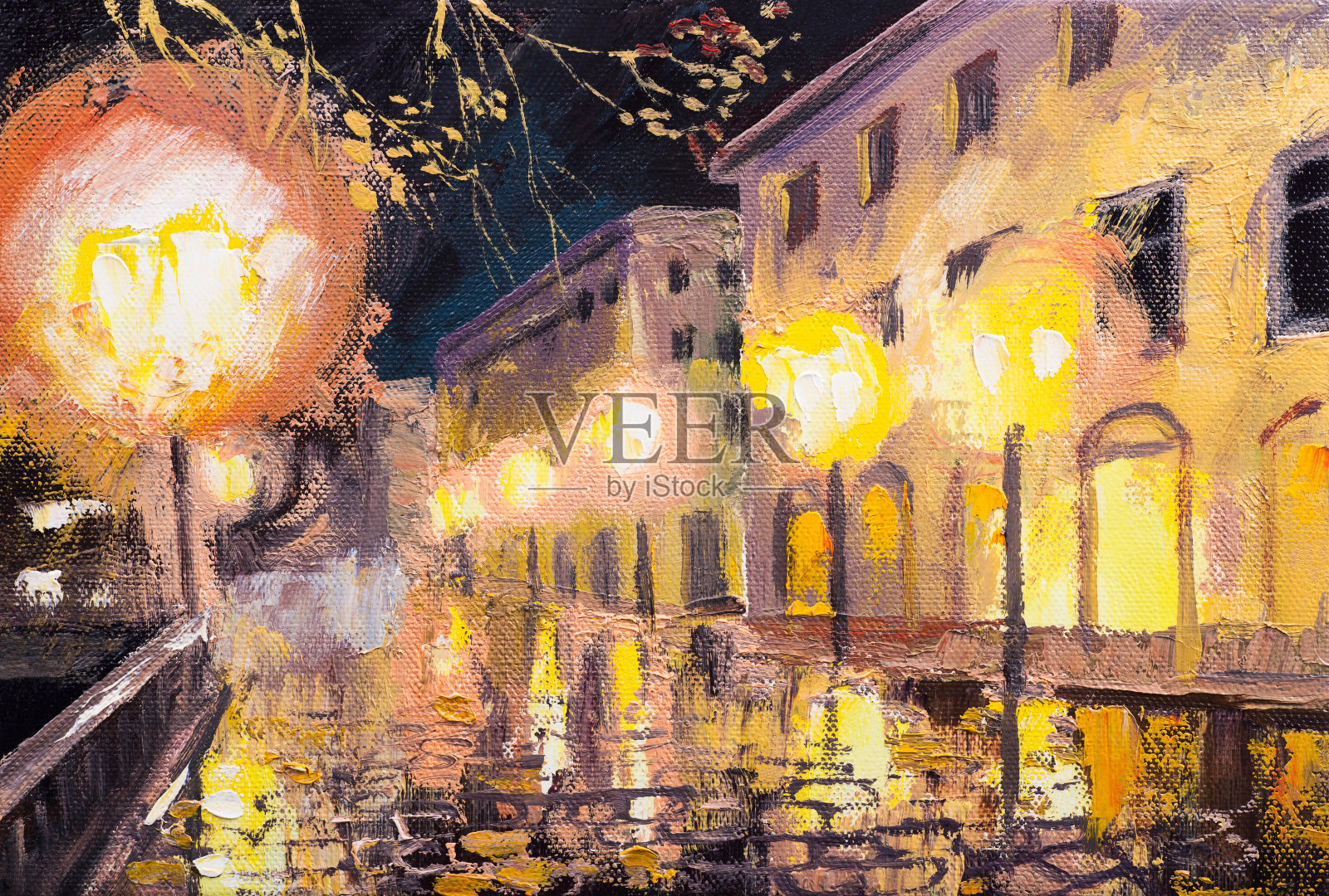 巴黎之夜，街灯，七彩油画插画图片素材