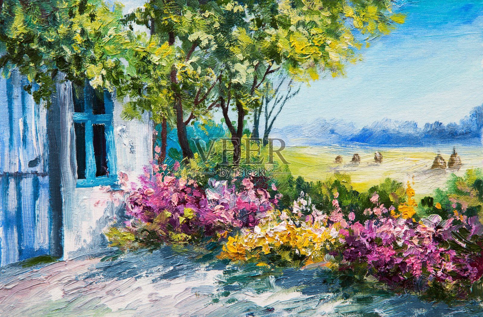 油画山水-花园附近的房子，五颜六色的花朵插画图片素材