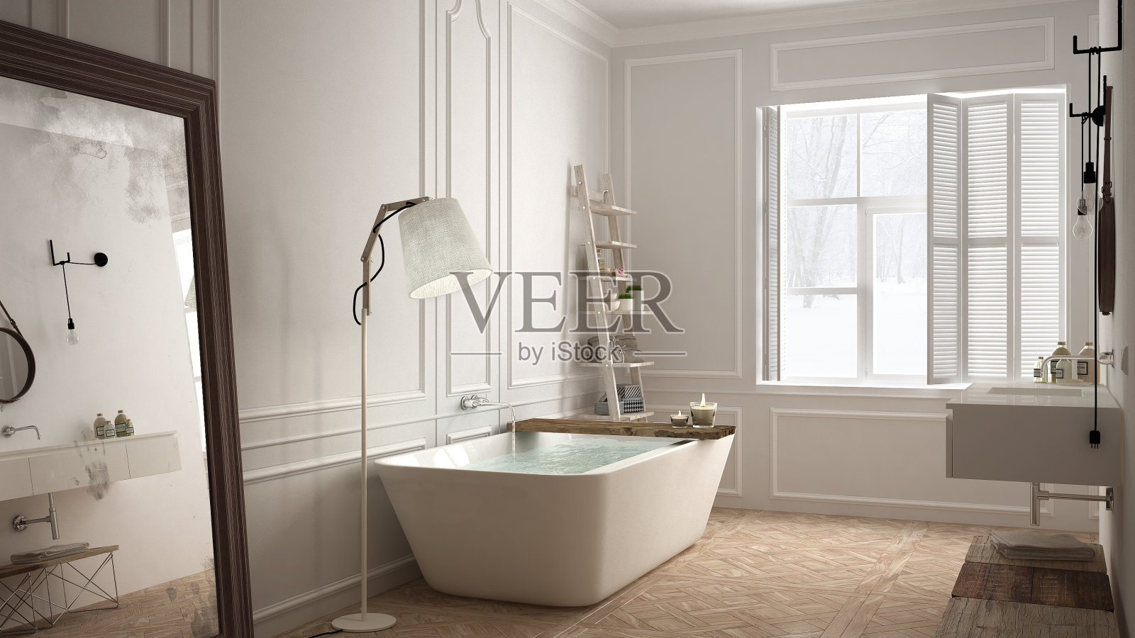 斯堪的纳维亚浴室，白色简约设计，酒店水疗中心照片摄影图片