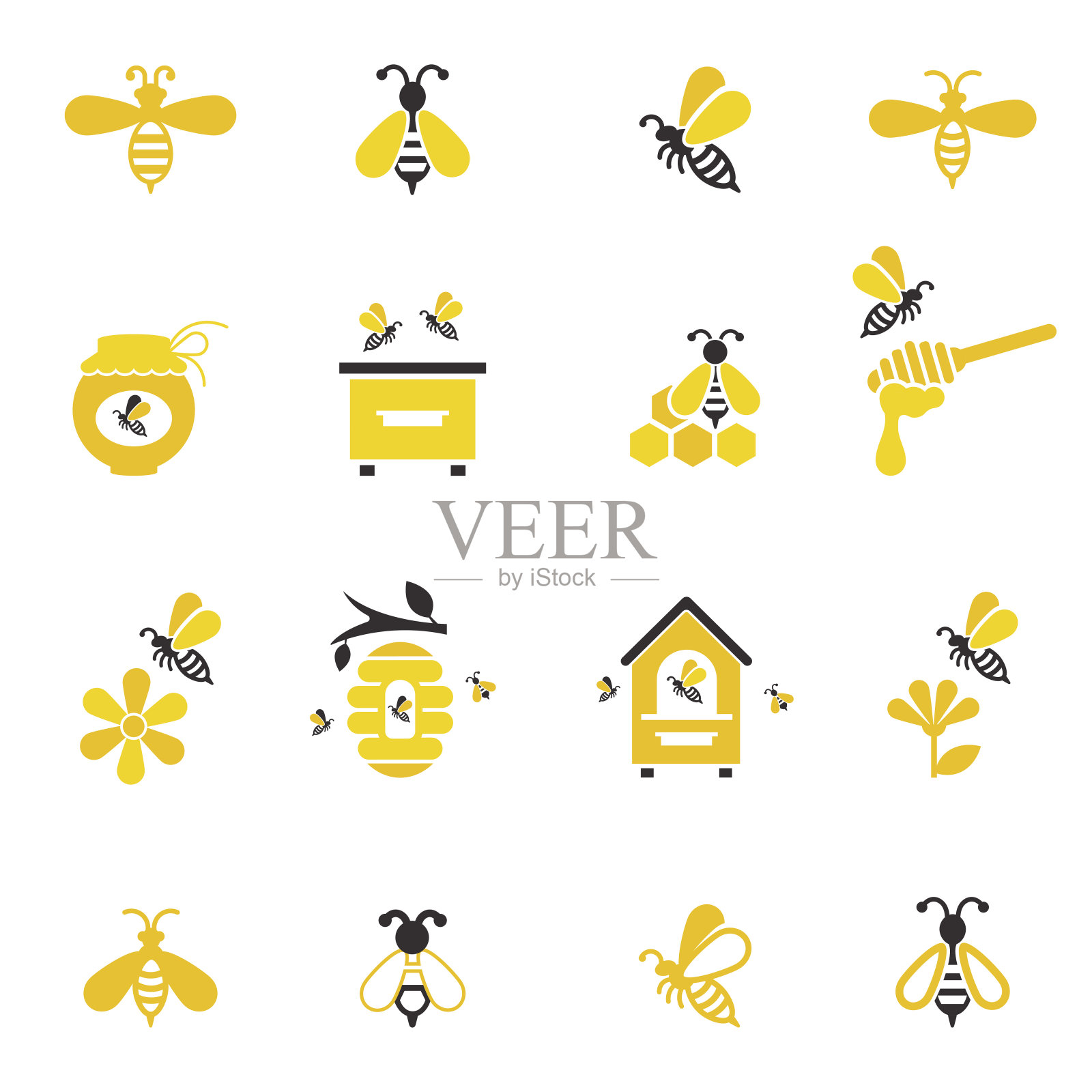 蜜蜂和蜂蜜图标集。图标素材