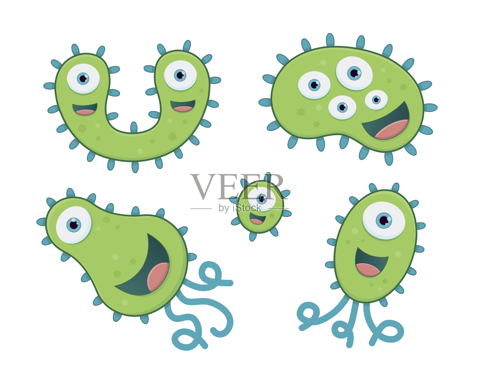 一组可爱的绿色细菌角色设计元素图片
