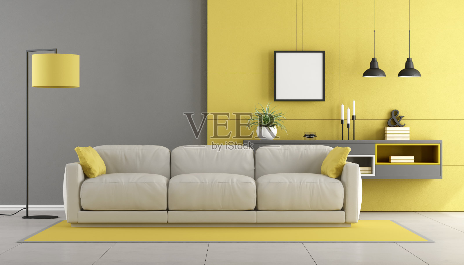 灰色和黄色的现代休息室照片摄影图片