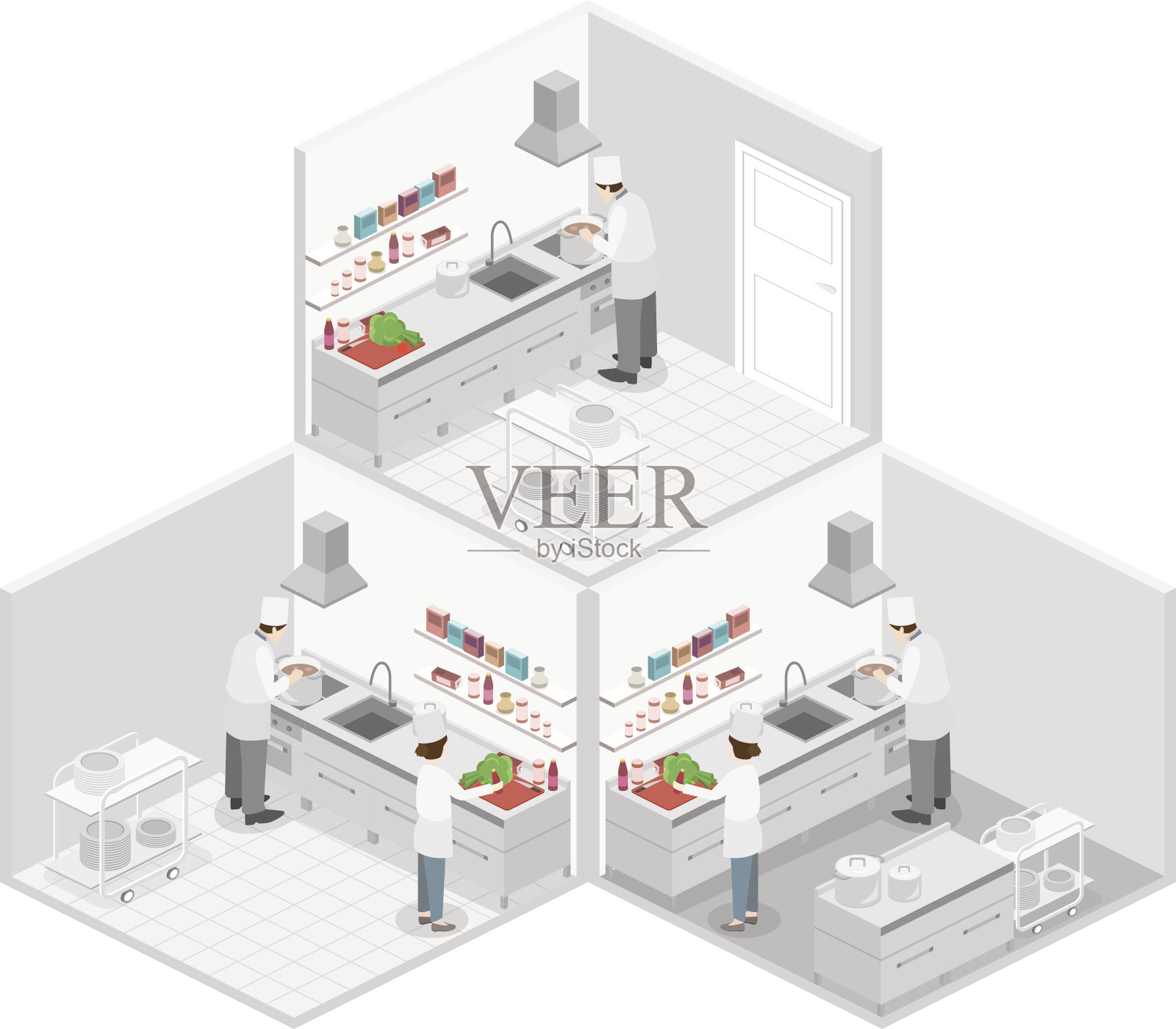 专业餐厅厨房的等距平面3D内部插画图片素材