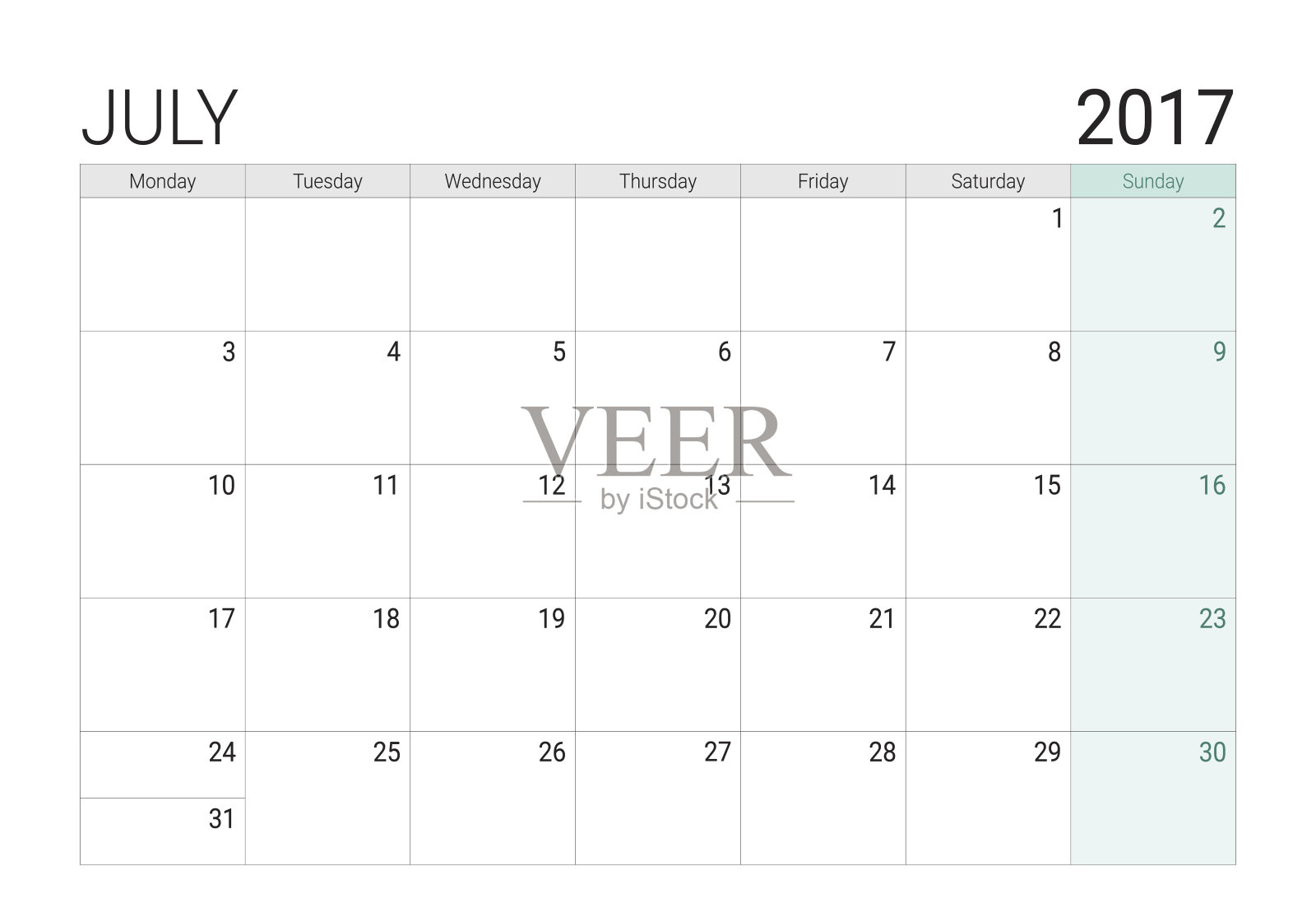 2017年7月日历(或办公桌计划)设计模板素材