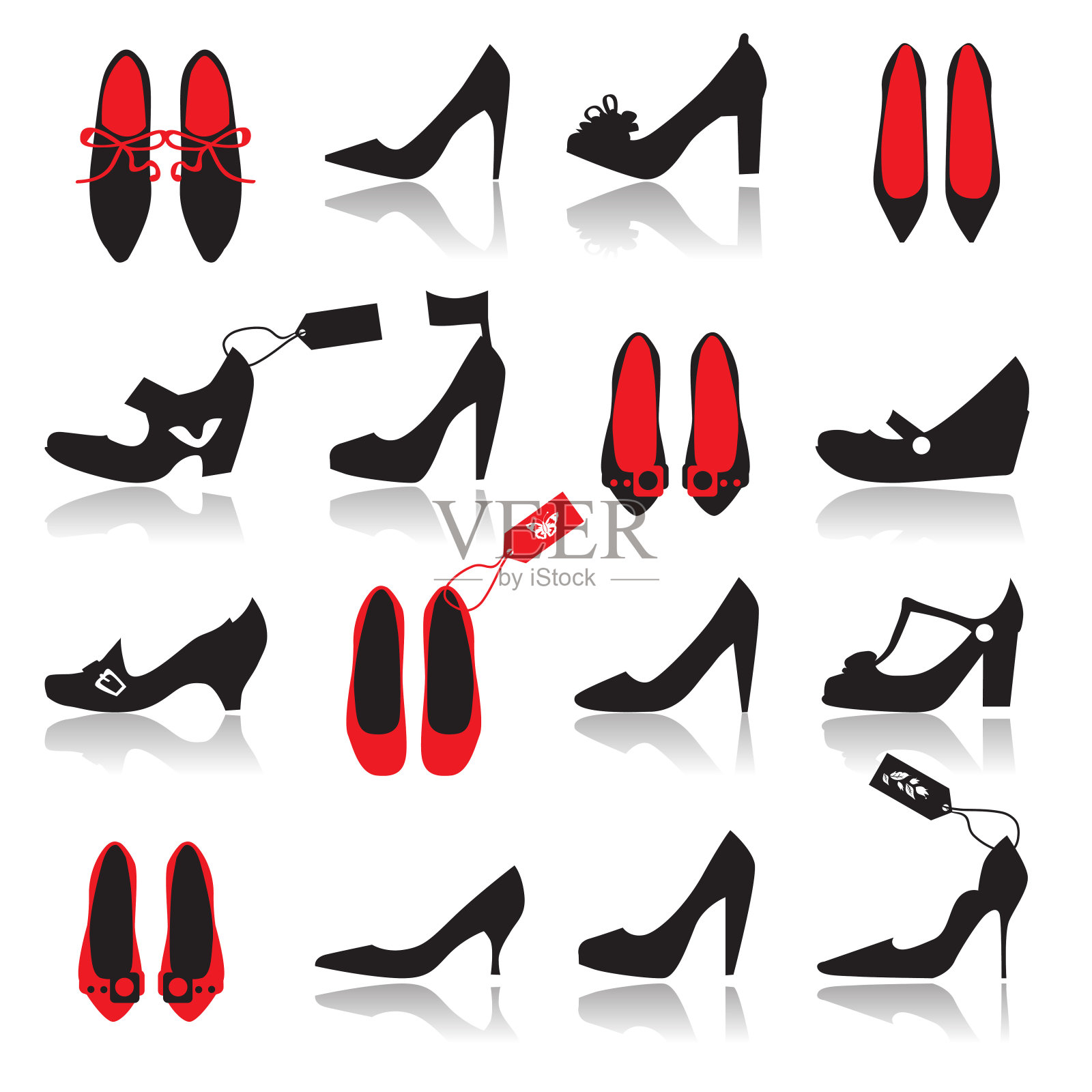 一套16红色和黑色的鞋子在各种风格插画图片素材