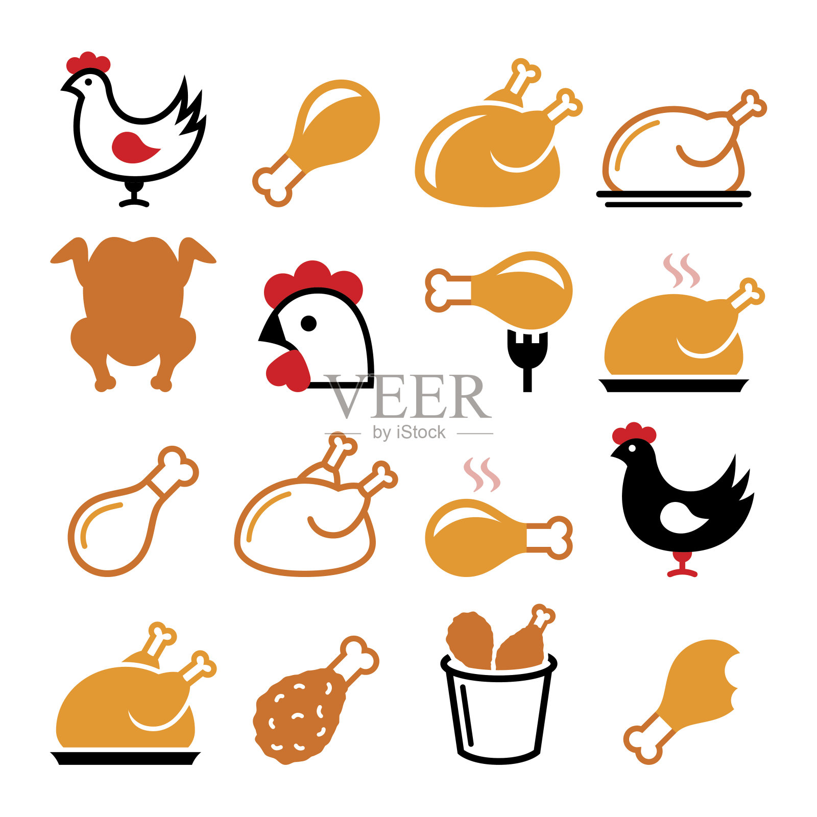 鸡，炸鸡腿-食物图标集插画图片素材