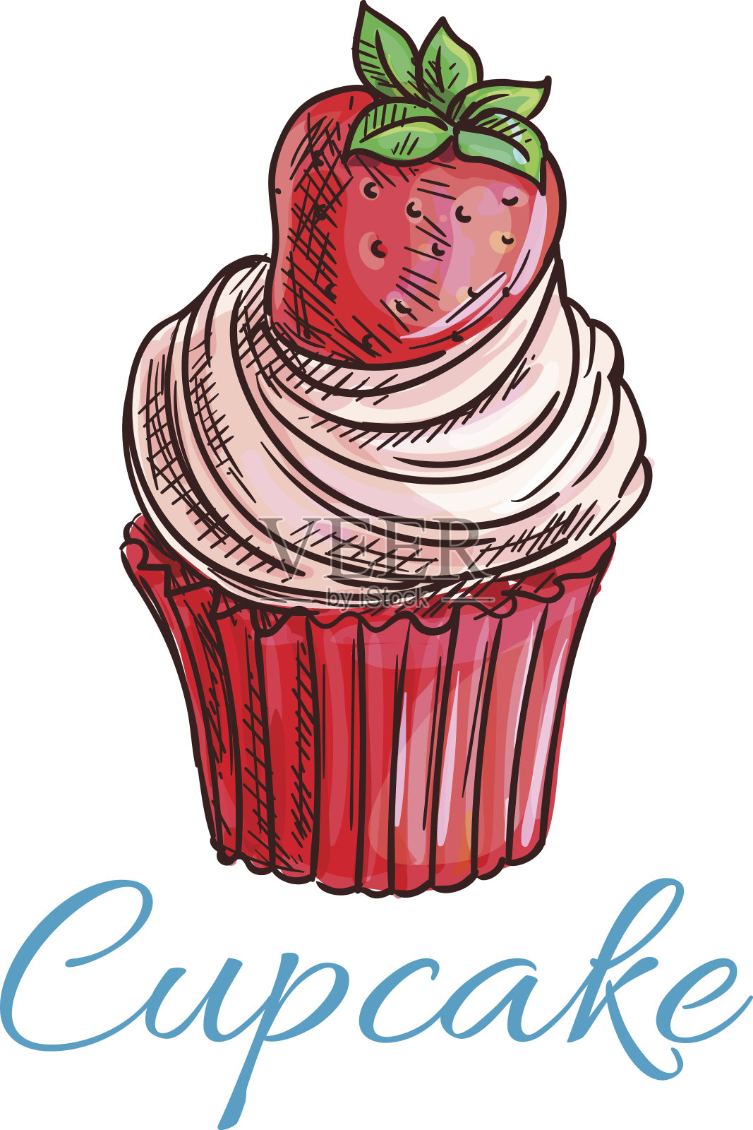 草莓纸杯蛋糕或松饼素描设计元素图片