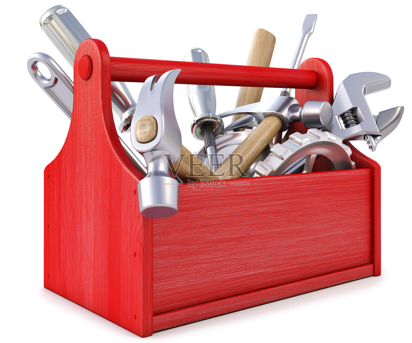 红色木制工具箱和工具在白色背景照片摄影图片