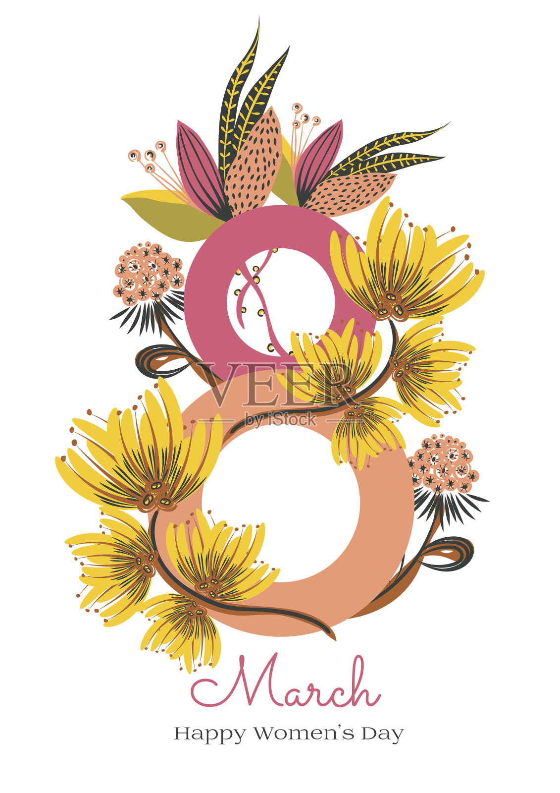 3月8日。妇女节快乐。数字8编织花。春天的节日。卡片设计与手绘花卉装饰插画图片素材