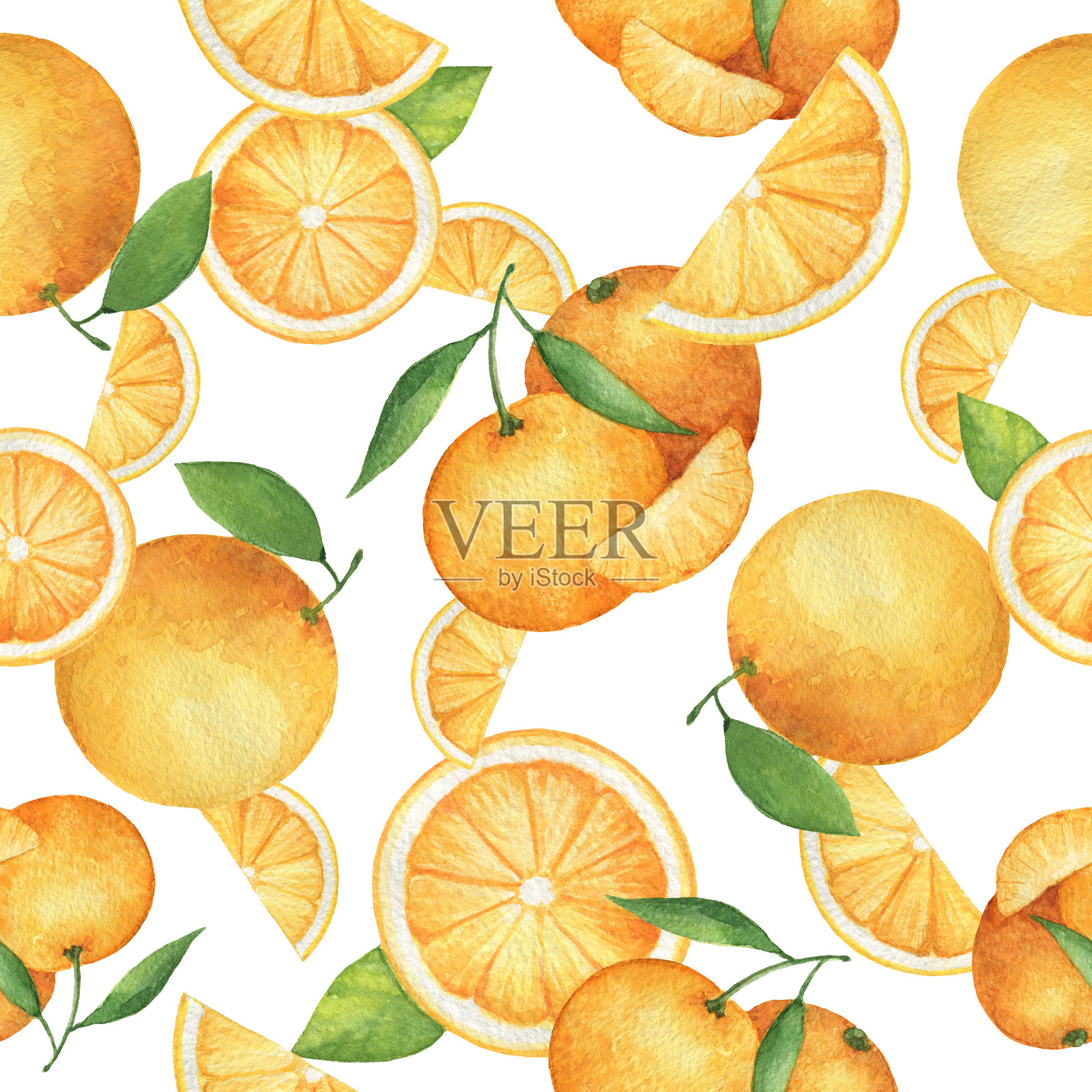 水彩无缝图案与新鲜的橙子。设计元素图片