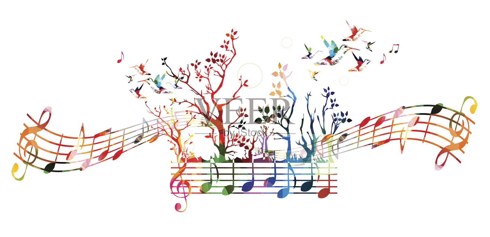 丰富多彩的音乐背景与音乐音符和蜂鸟插画图片素材