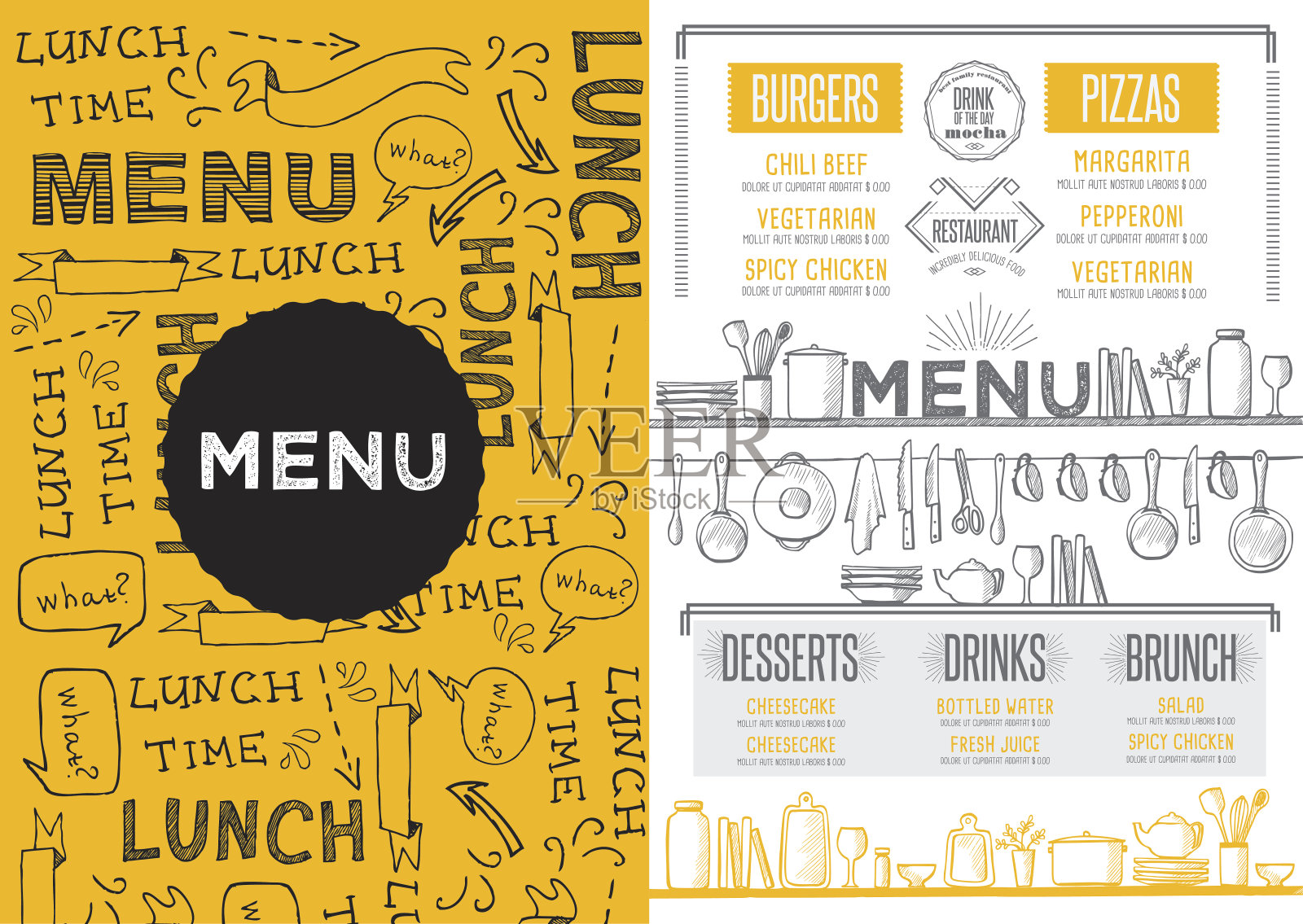 菜单餐厅，食物模板餐垫。插画图片素材