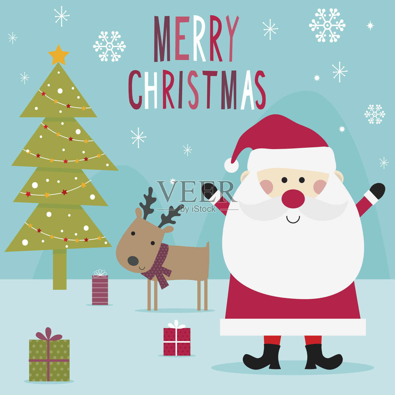 可爱的圣诞老人和驯鹿设计的圣诞卡插画图片素材
