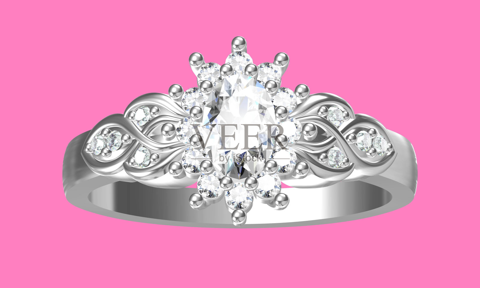 钻石戒指上的白金身型最为奢华。三维渲染插画图片素材